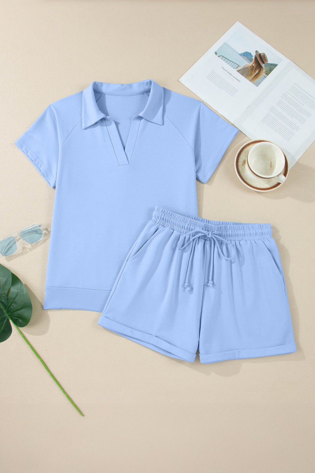 Sky Blue Collared V Neck Tee Drawstring Elastic Waist Shorts 2pcs Outfit
