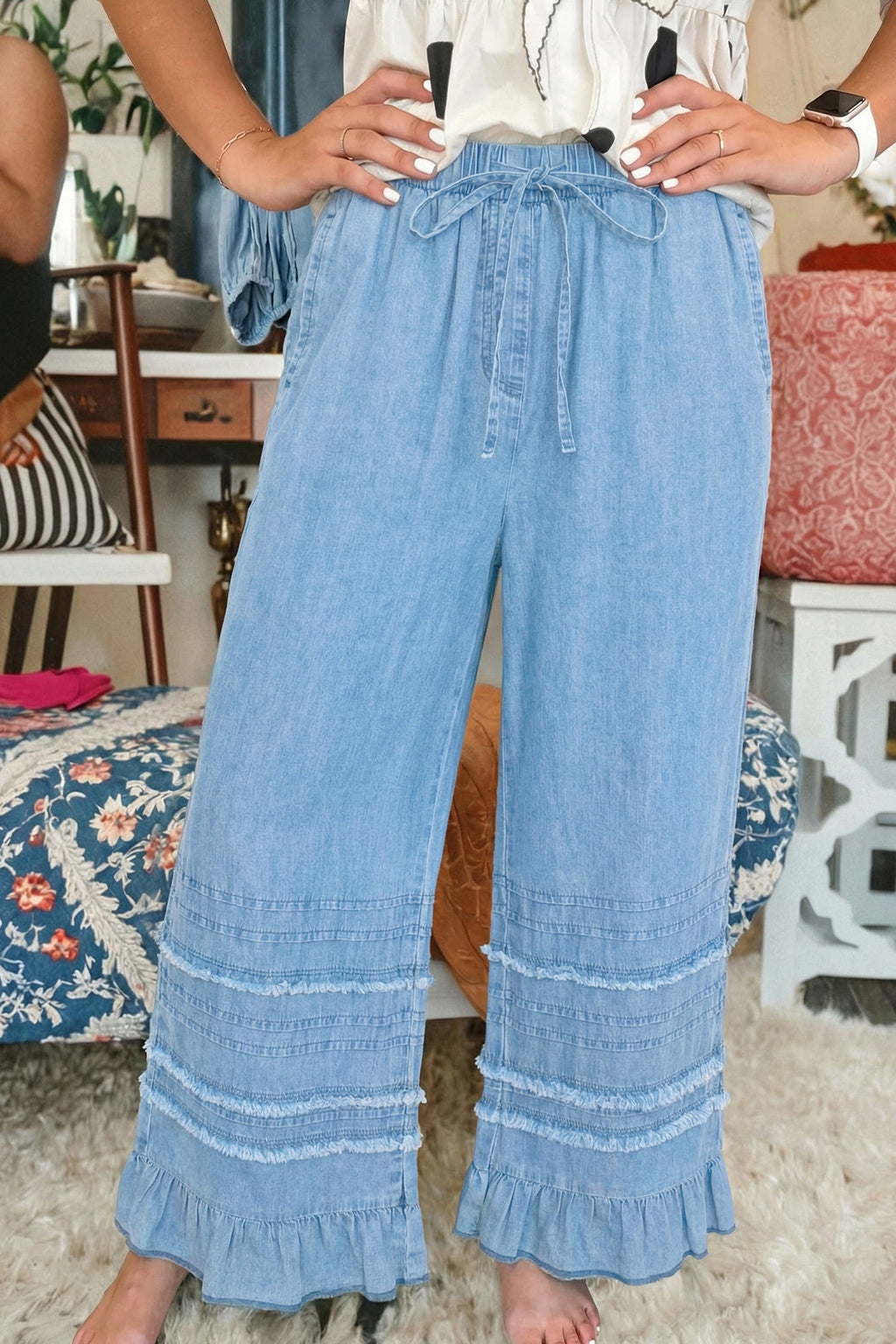Beau Blue Ruffled Hem Wide Leg Chambray Pants