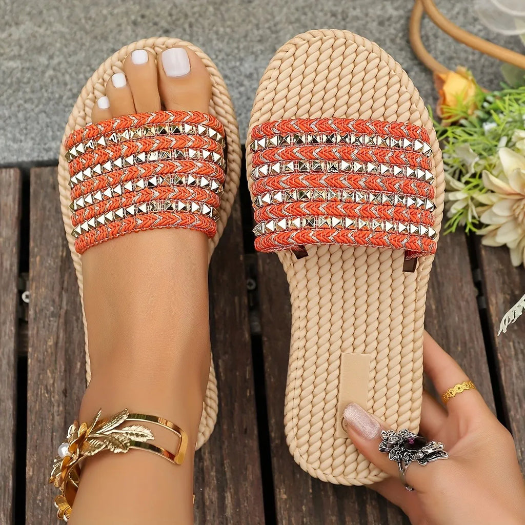 Studded Open Toe Flats Sandals