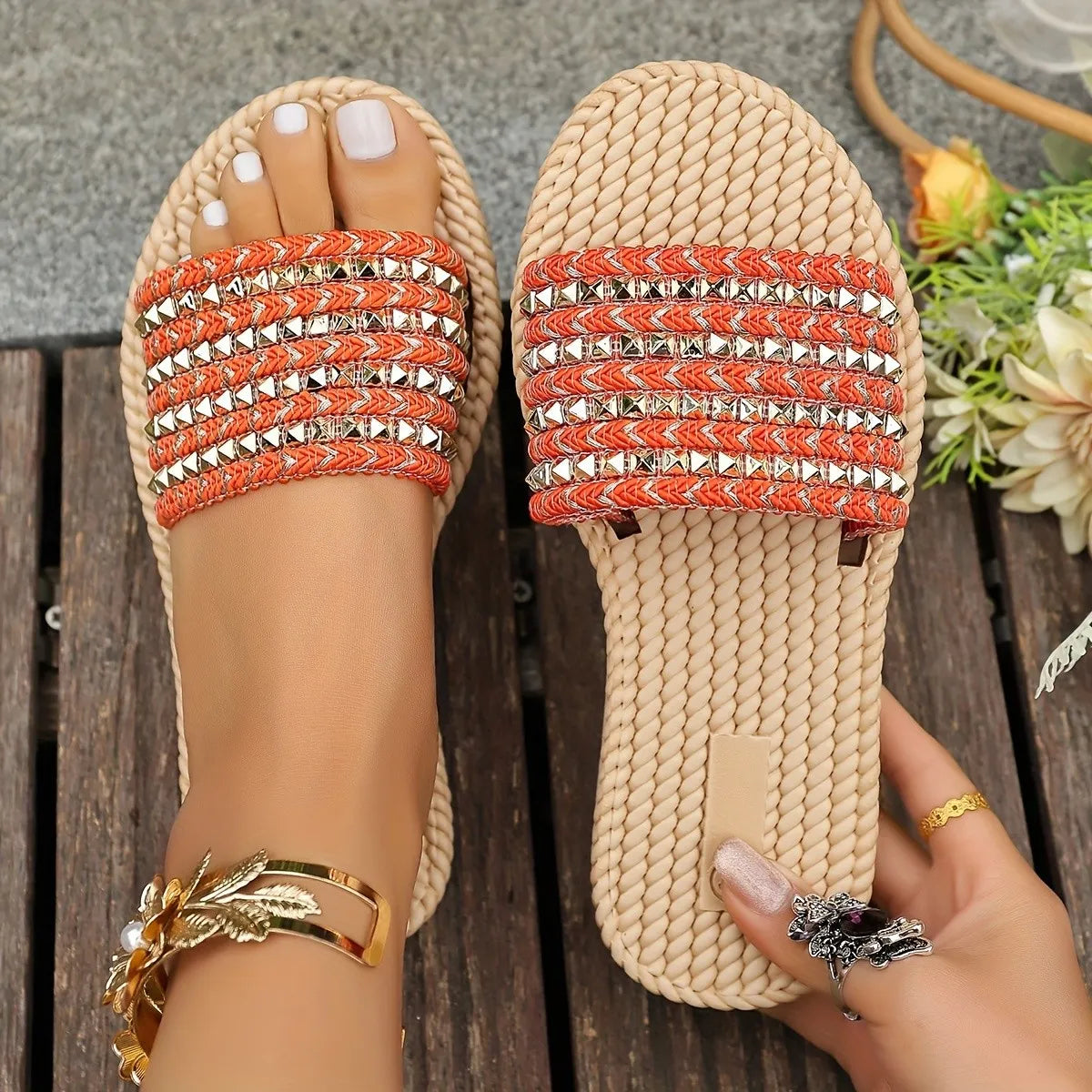 Studded Open Toe Flats Sandals