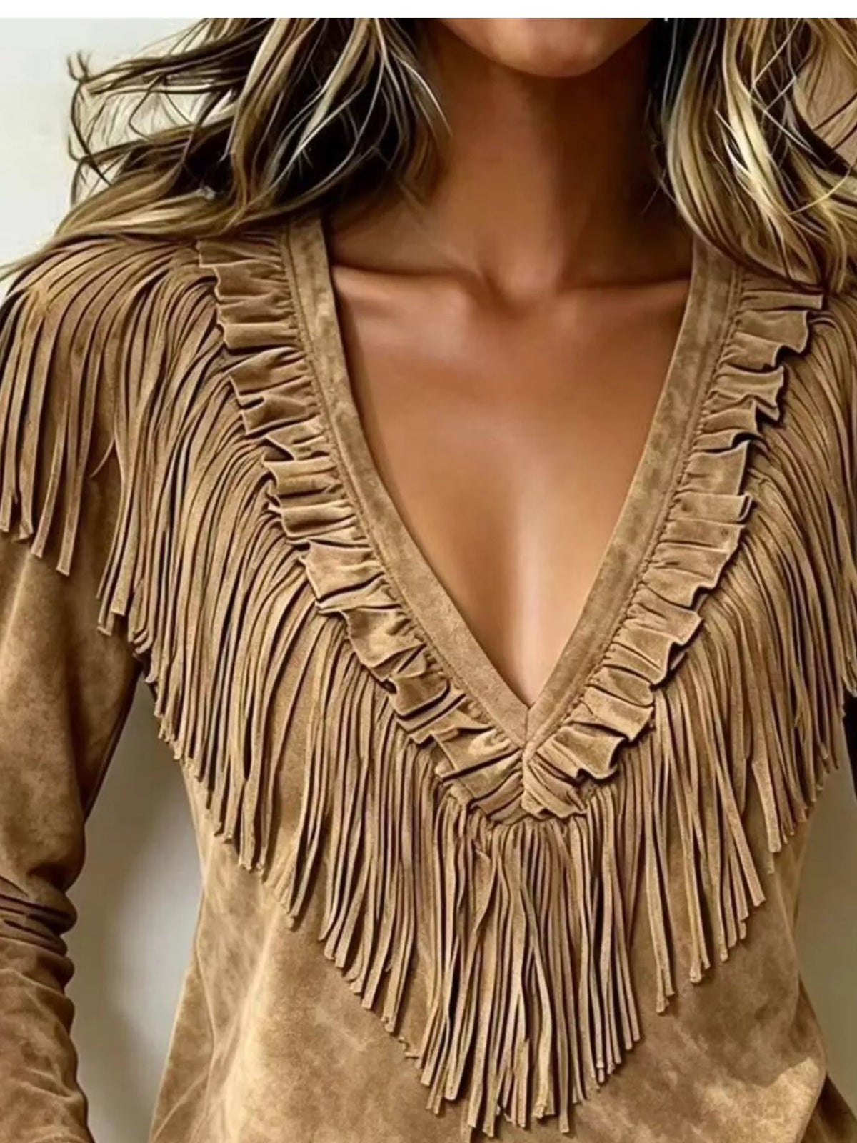Fringed V-Neck Blouse