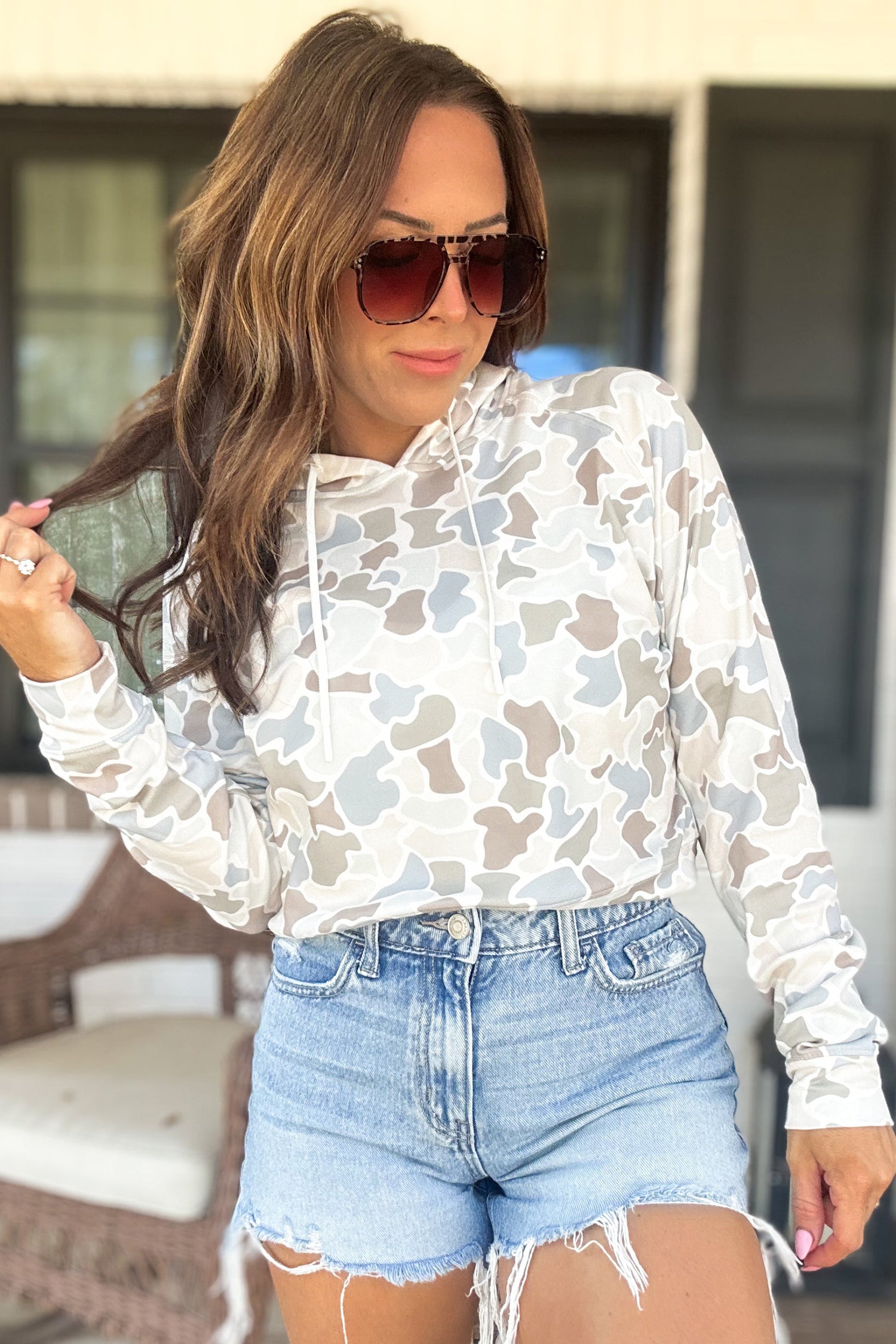 Beige Camouflage Print Long Sleeve Hooded Pullover Casual Top
