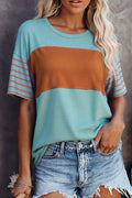 Mint Green Color Block Striped Detail Loose T Shirt