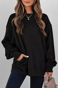 Solid Color Textured Round Neck Drop Shoulder Pullover Sweatshirt