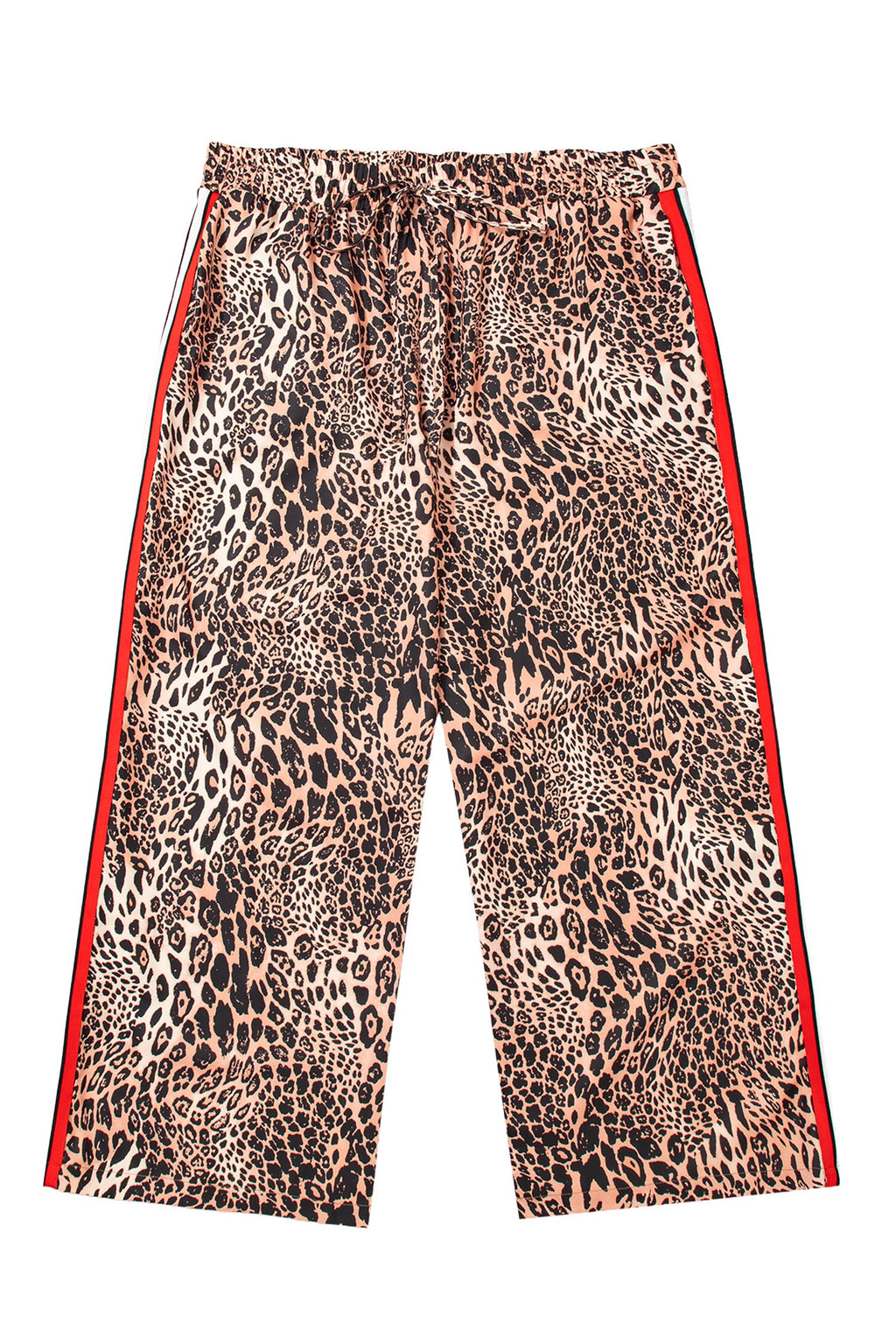 Khaki Leopard Print Colorblock Side Stripes Wide Leg Full Length Plus Size Pants