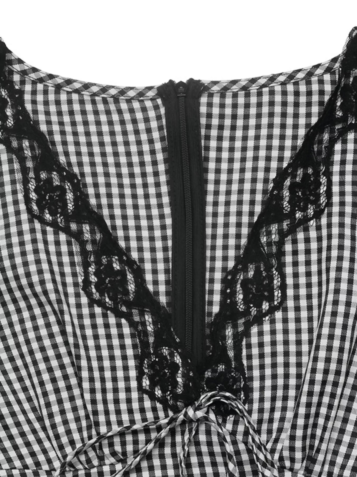Gingham Lace-Trim V-Neck Long Sleeve A-Line Maxi Dress