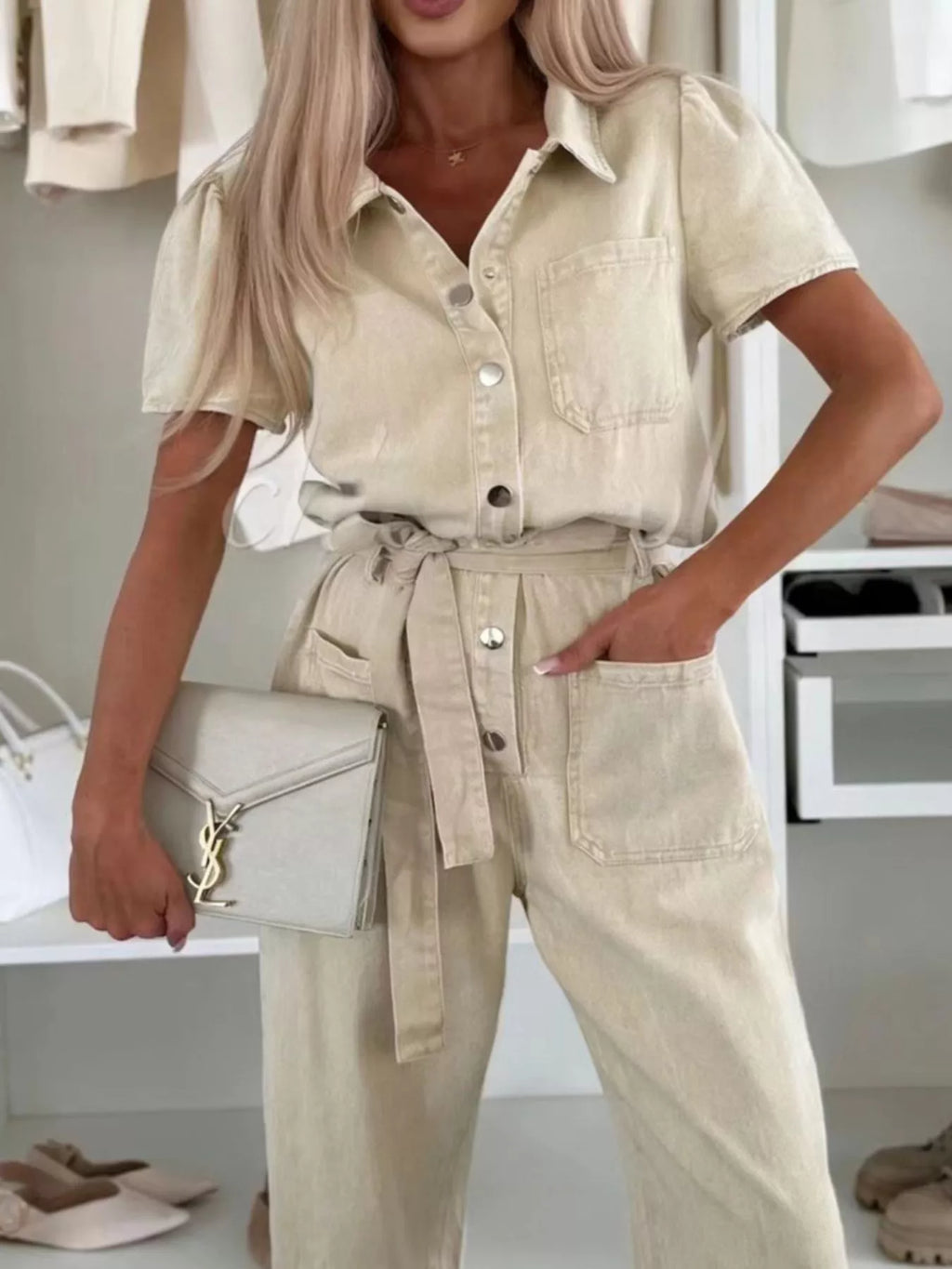 Vintage Wash Short Sleeve Denim Jumpsuit