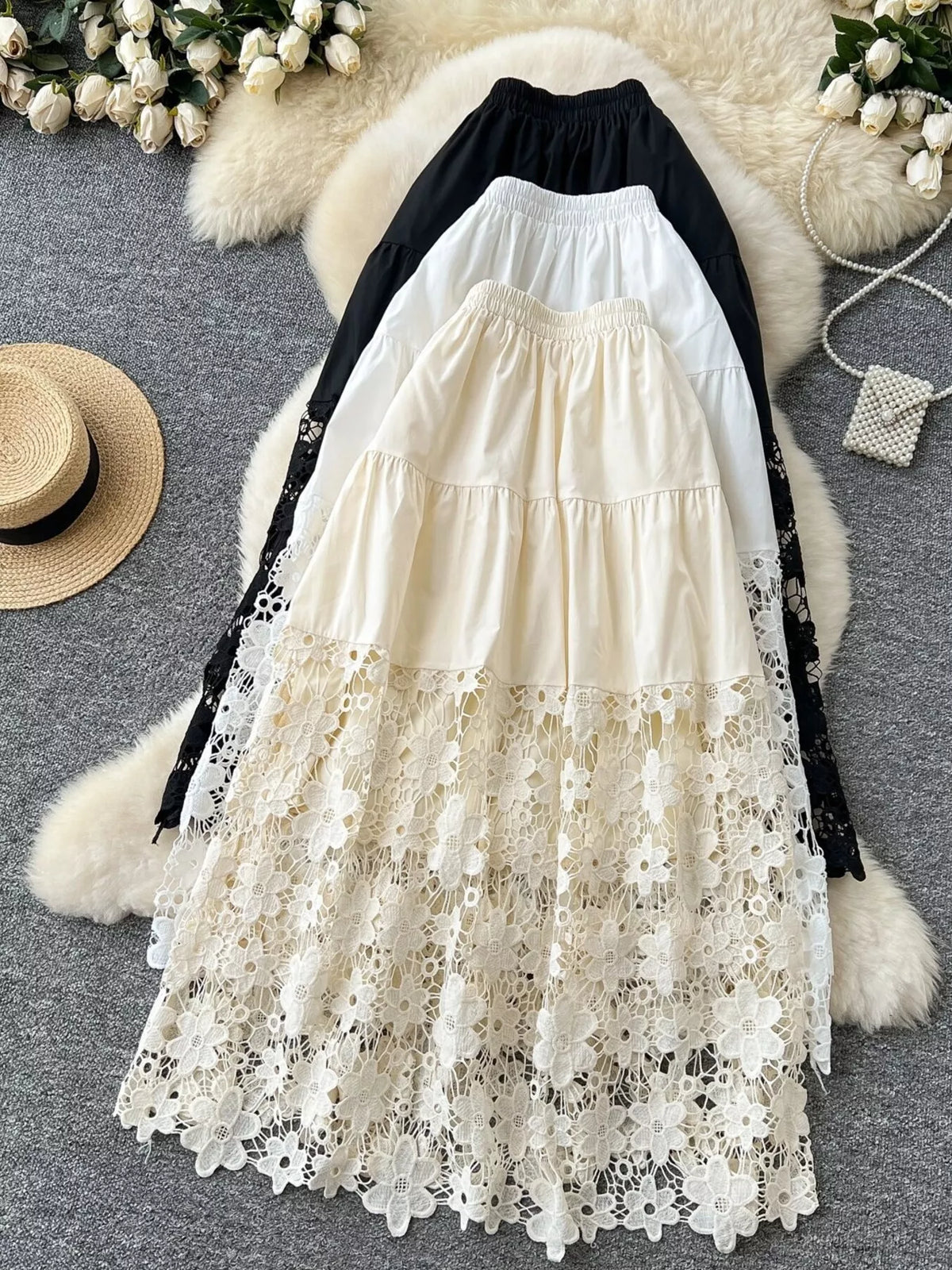 Lace Tiered Elastic Waist Skirt