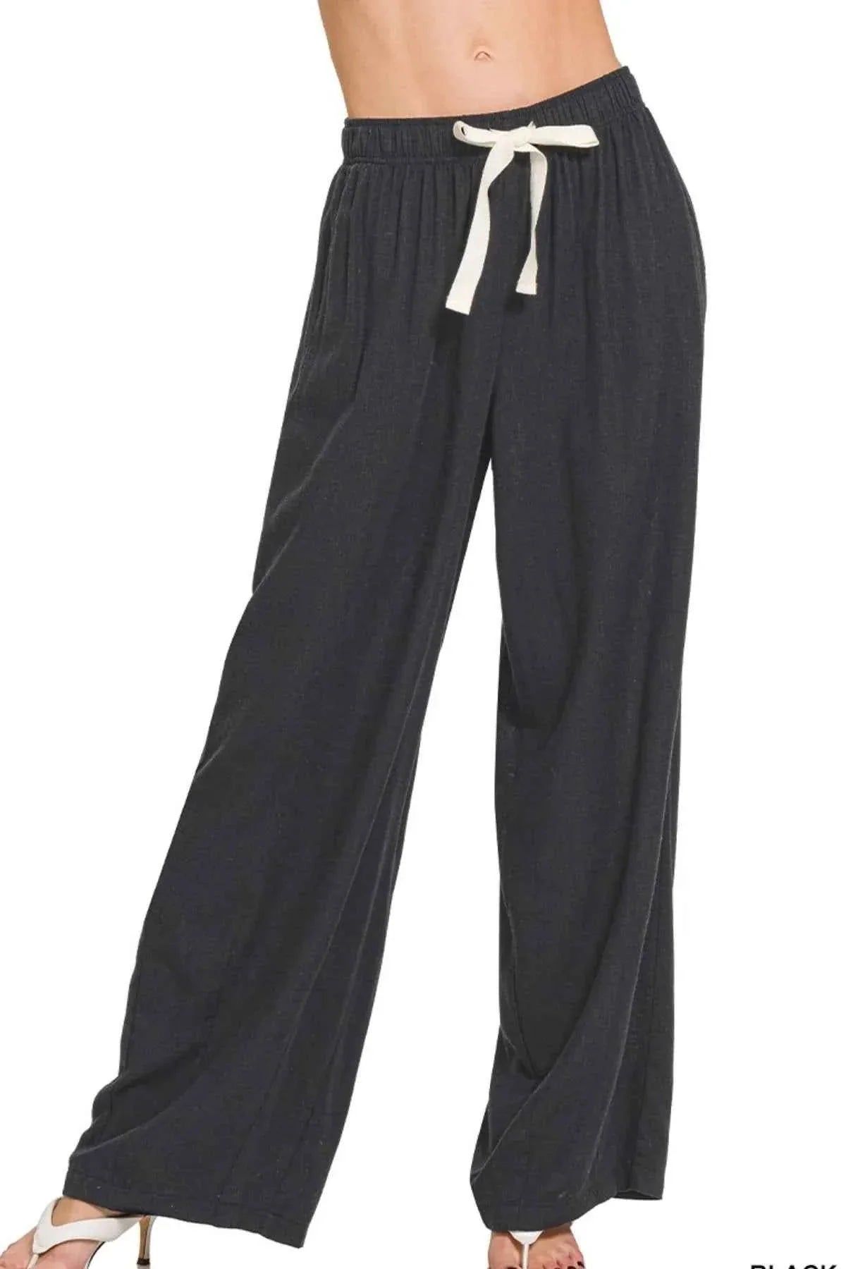 Linen Blend Drawstring Wide Leg Pants – Black