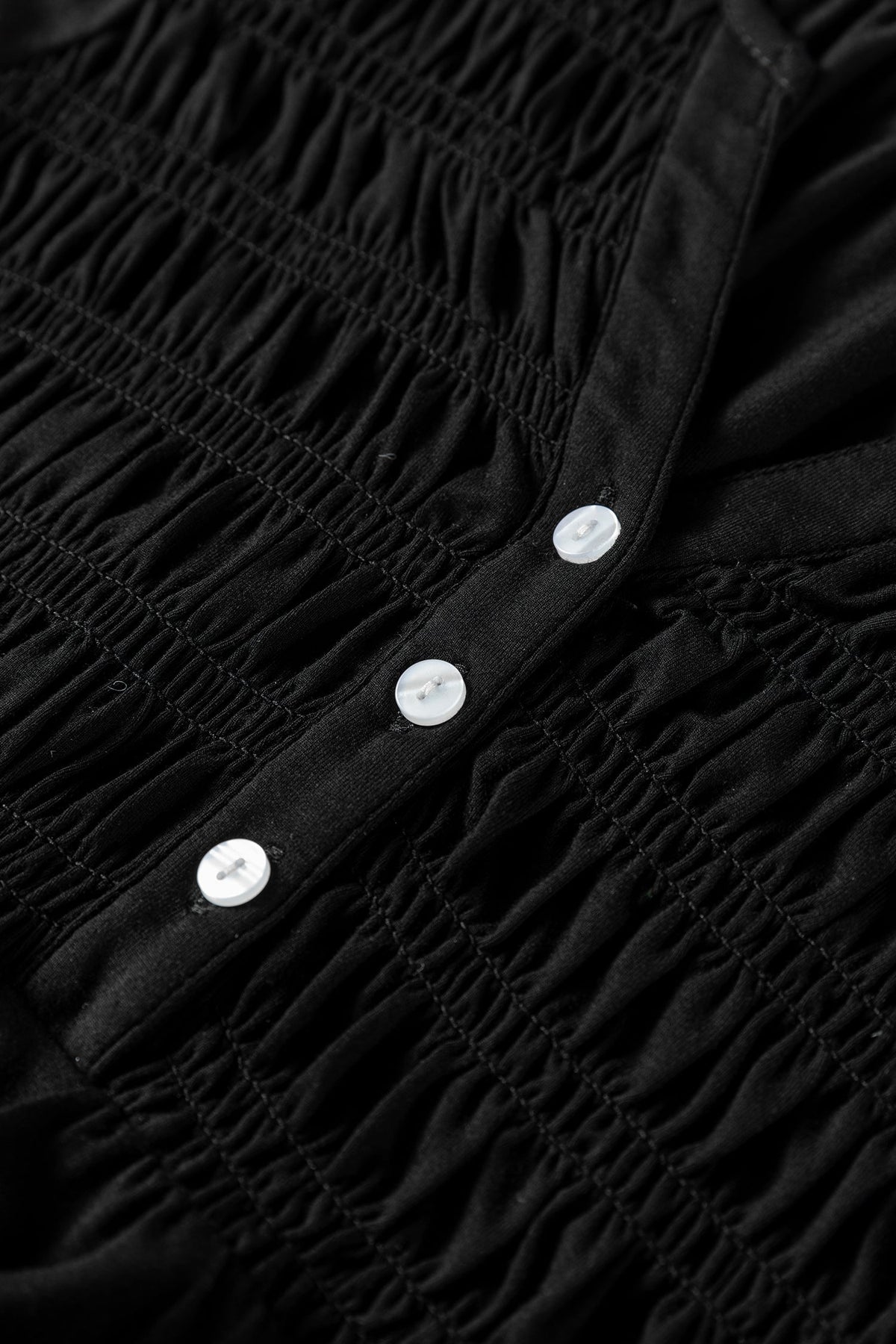 Solid Smocked Split V-Neck Buttoned Blouse