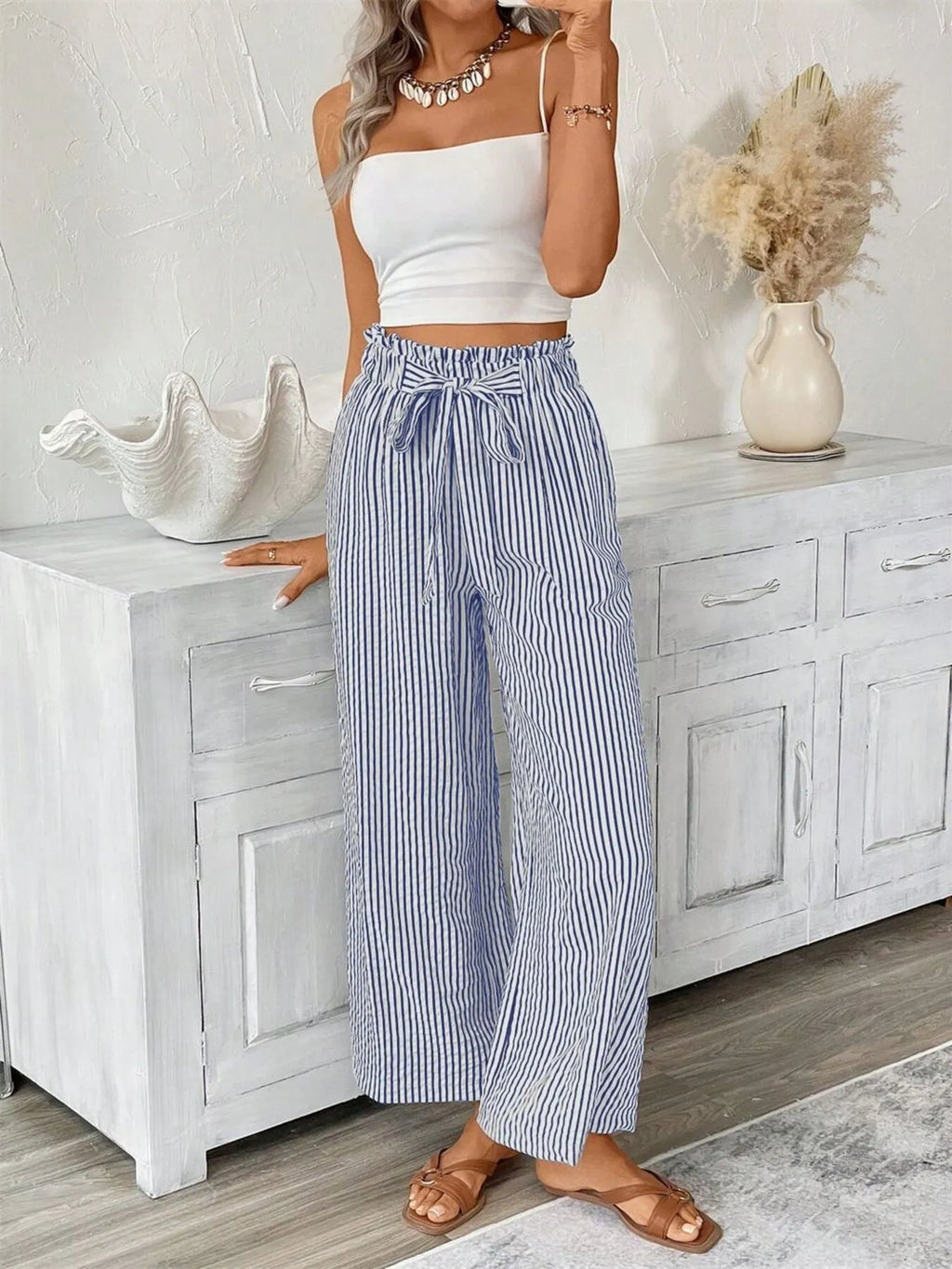 Full Size Striped Wide Leg Paper Bag Pants Plus Size