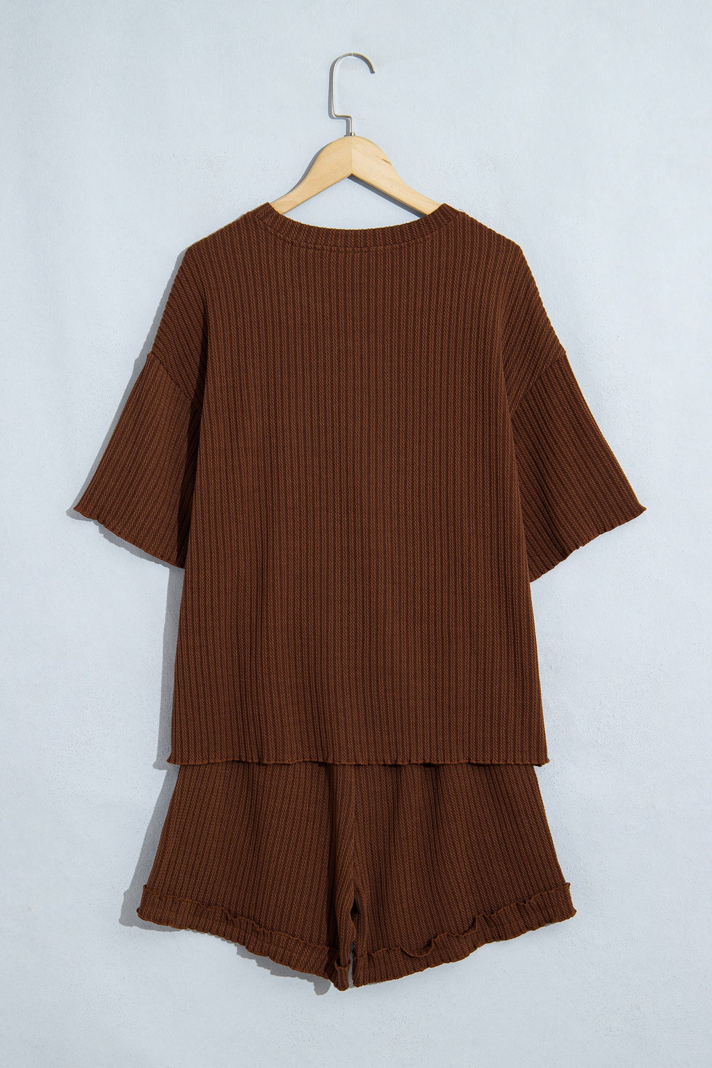 Dark Brown Textured Ribbed Knit Lettuce Trim 2pcs Lounge Set