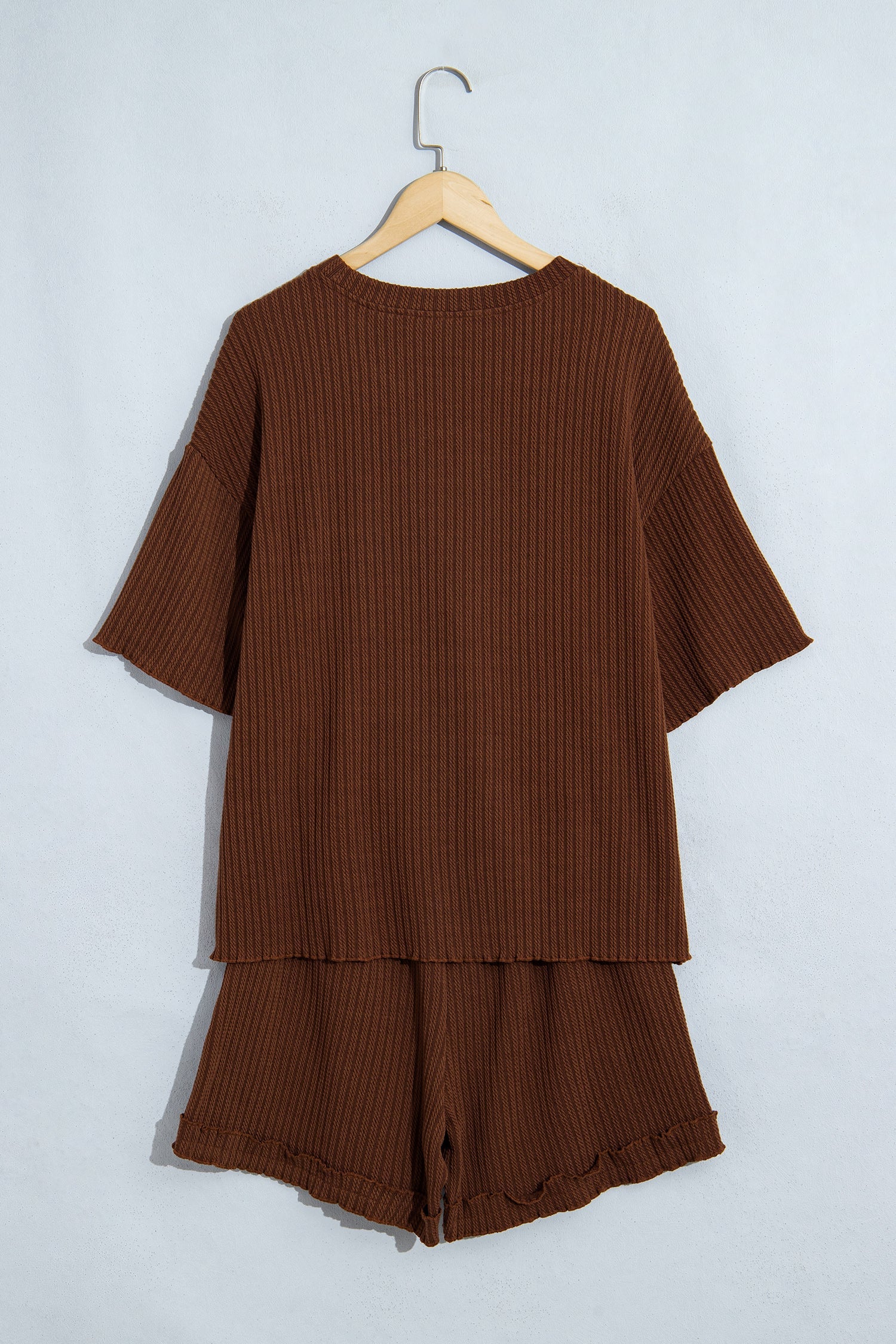 Dark Brown Textured Ribbed Knit Lettuce Trim 2pcs Lounge Set