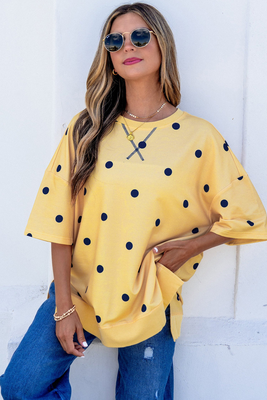 Sky Blue Polka Dot Print Crossed Seam Detail Oversize Tee