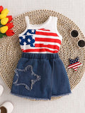 Children's American Flag Print Tank Top & Denim Skirt Set