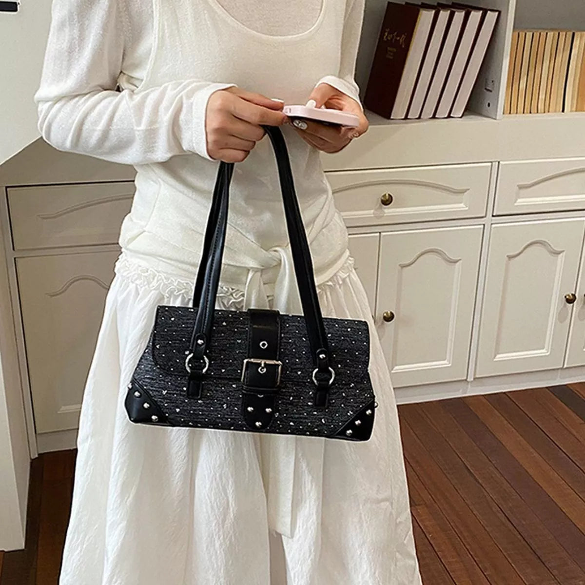 Studded Shoulder Bag with Buckle Detail