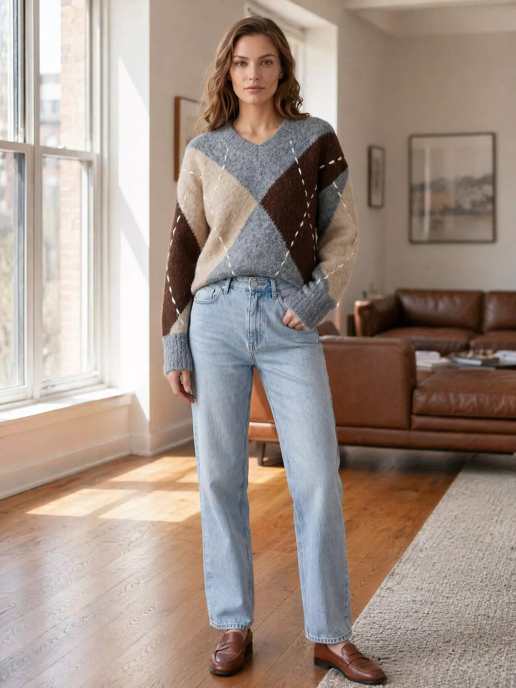 Argyle Pattern V-Neck Oversized Sweater