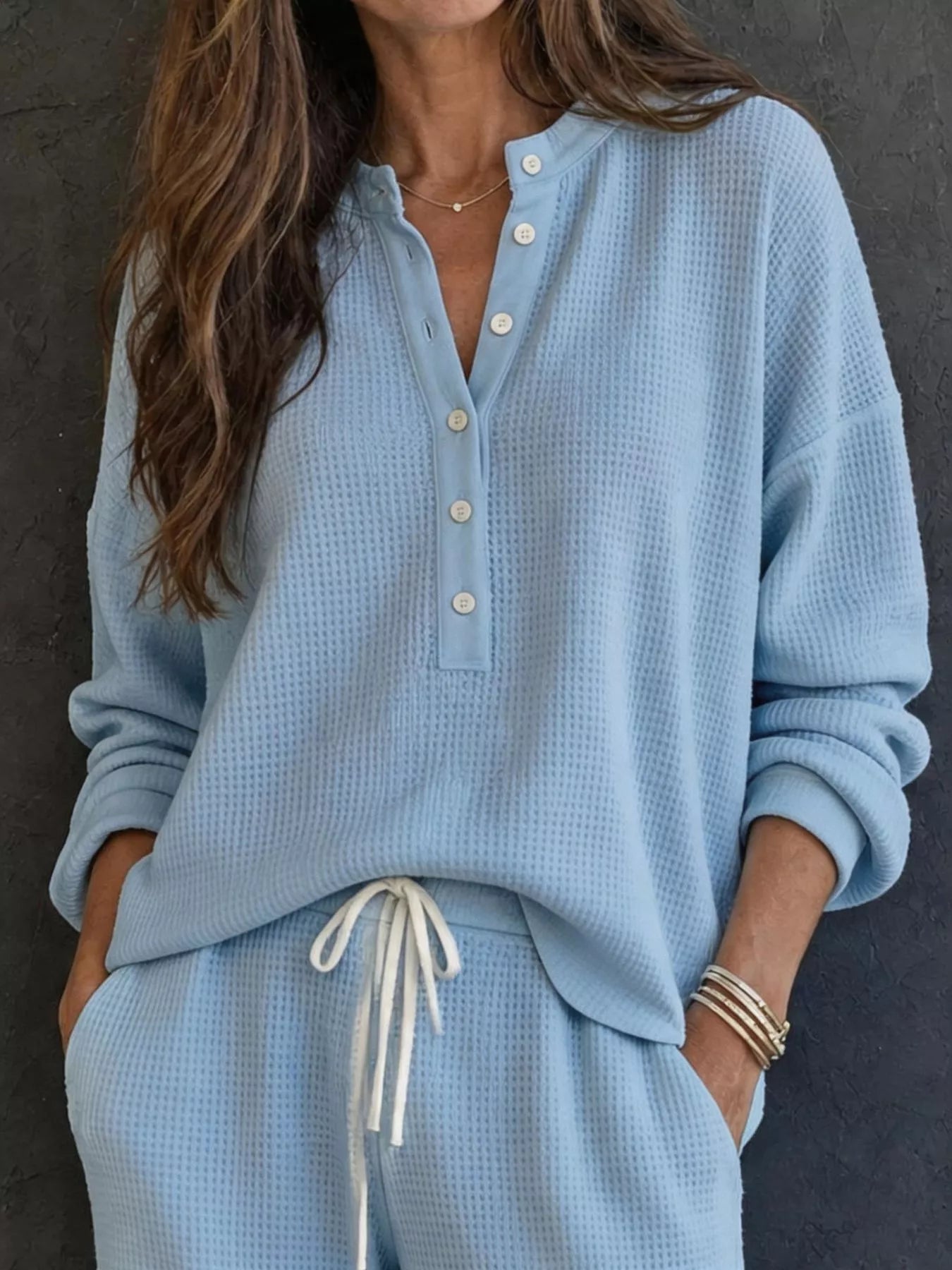 Waffle Knit Henley Top and Wide Leg Pants Set