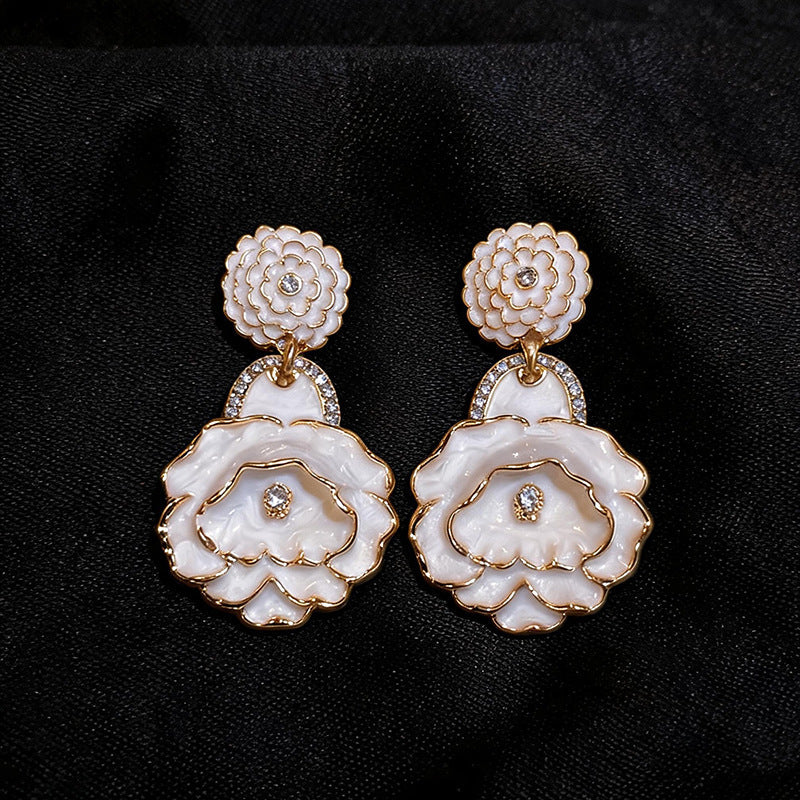 Women Exaggerated Heavy Craft Rose Flower Dangle Earrings,Niche Design Light Luxury Elegant Versatile Fashion Statement Jewelry For Daily Party Occasion