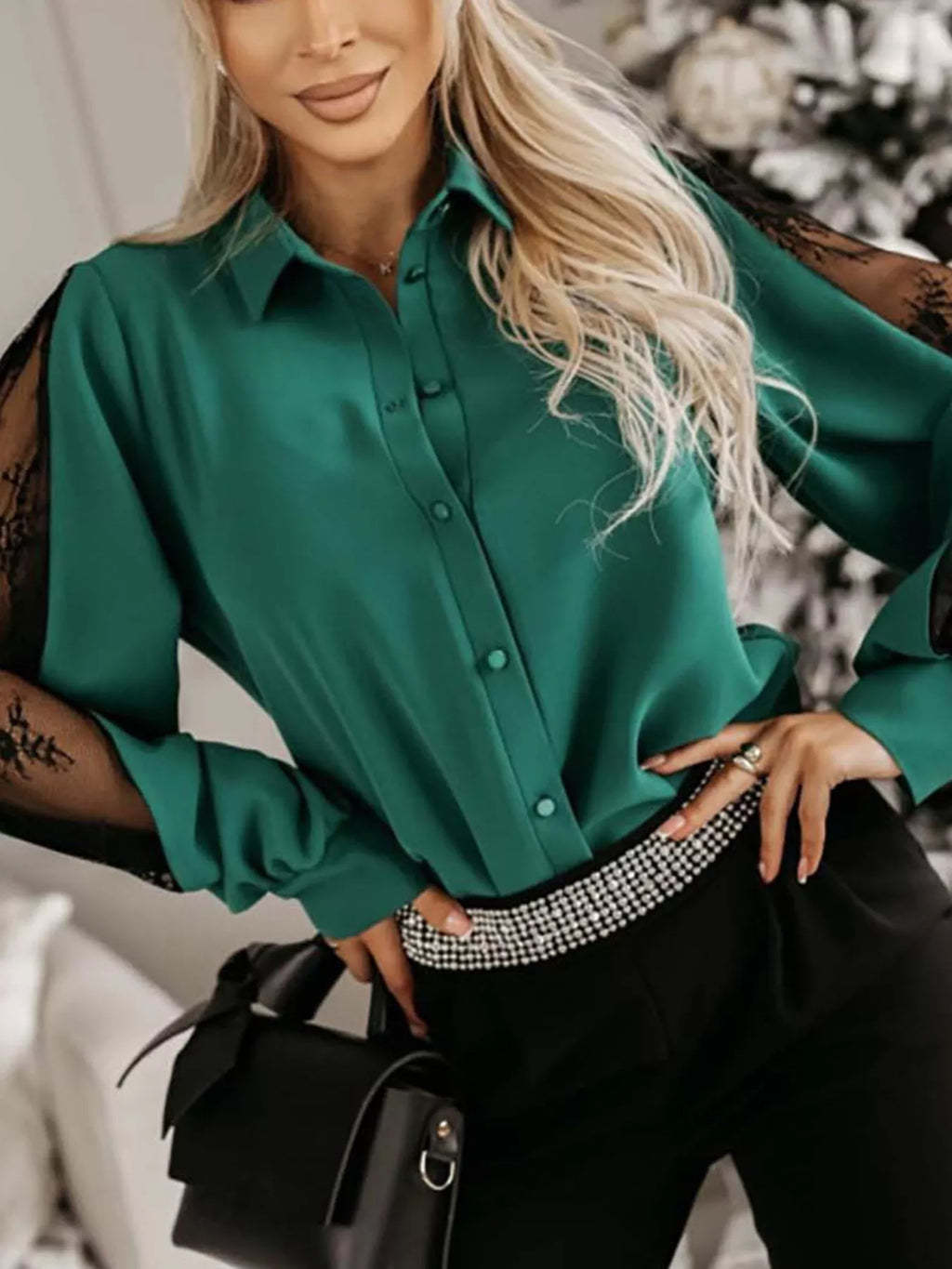 Lace-Sleeve Button Up Shirt