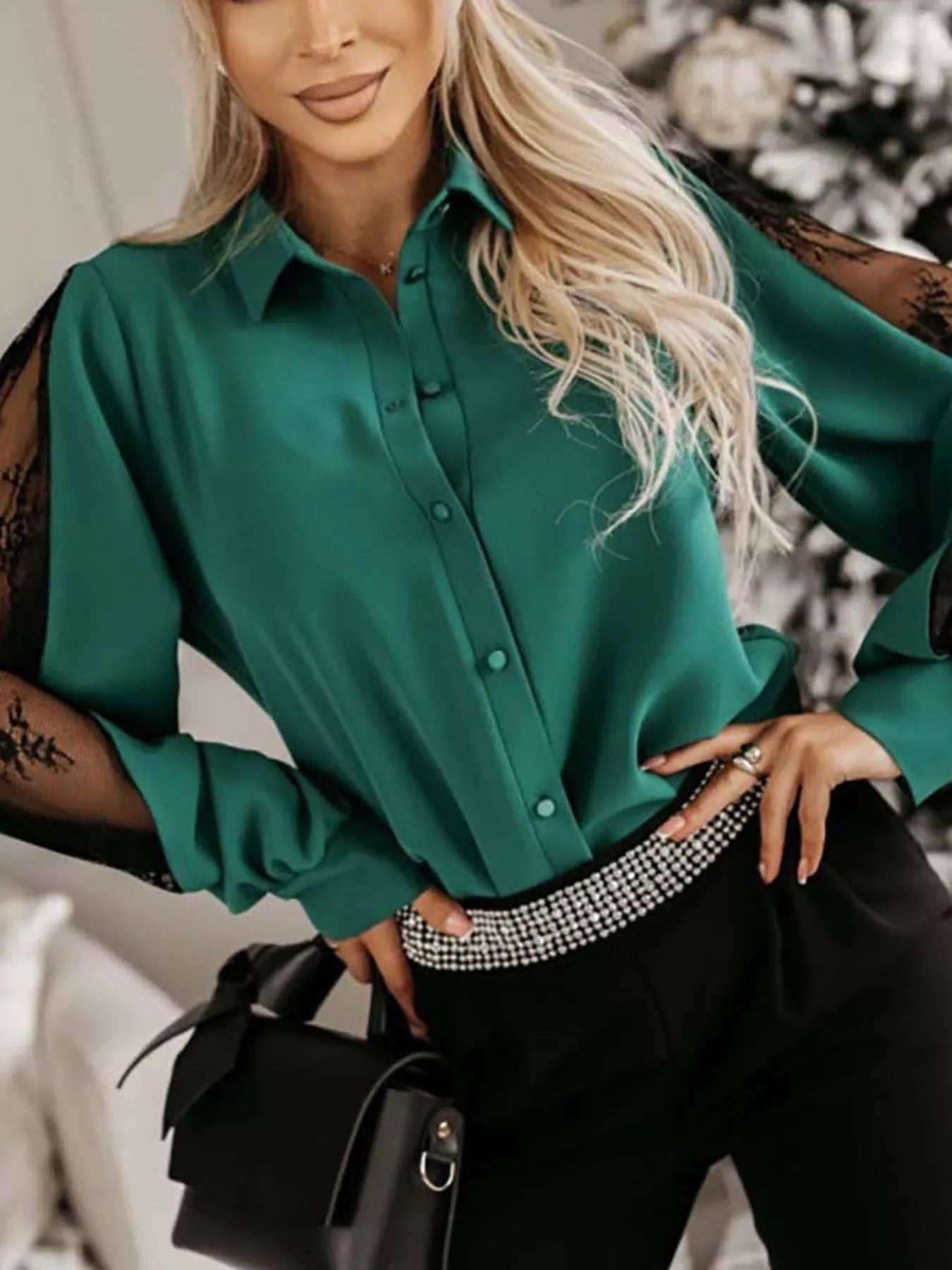 Lace-Sleeve Button Up Shirt