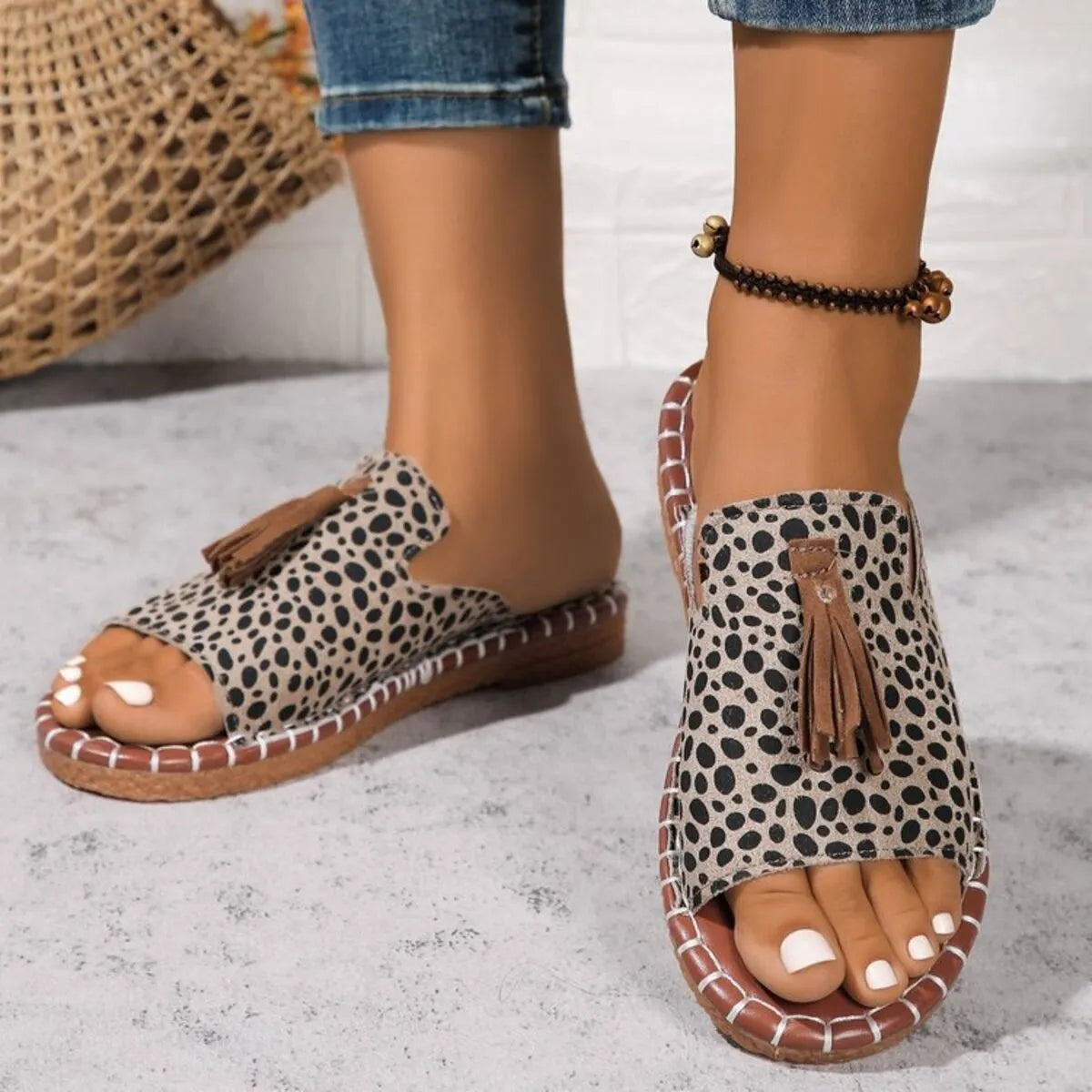Leopard Print Tassel Flat Sandals