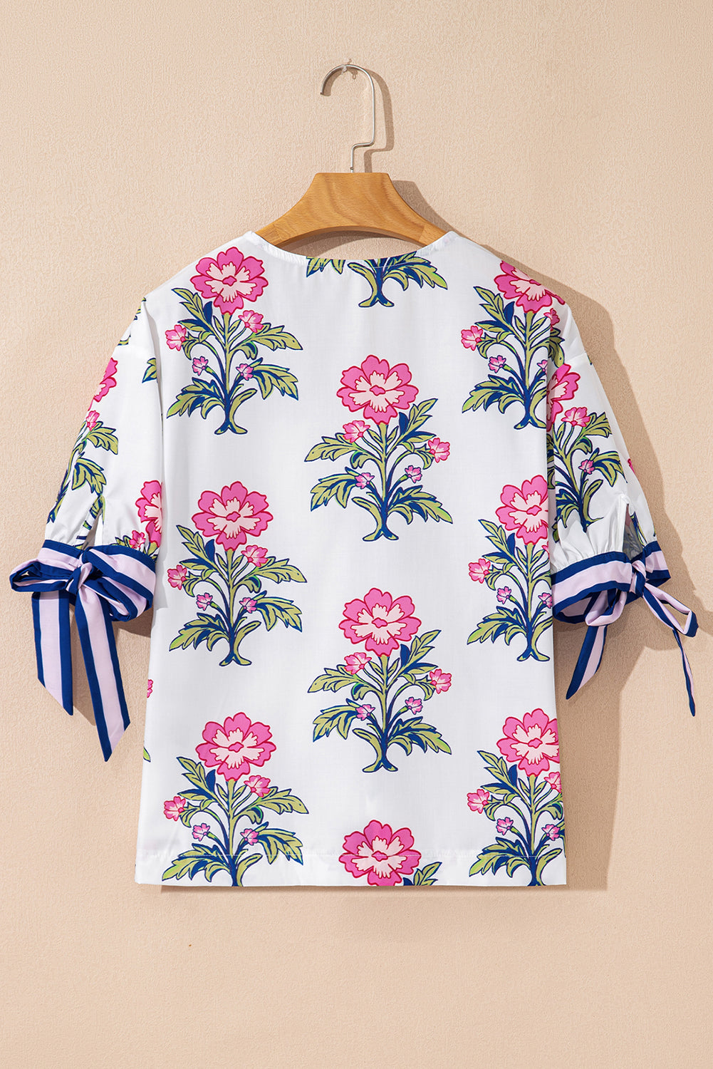 White Floral Colorblock Stripe Knot Bubble Sleeve V Neck Blouse
