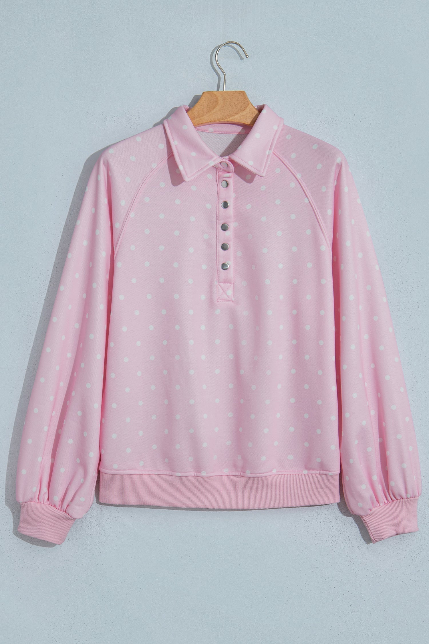 Pink Polka Dot Print Metal Button Collar Casual Pullover Sweatshirt