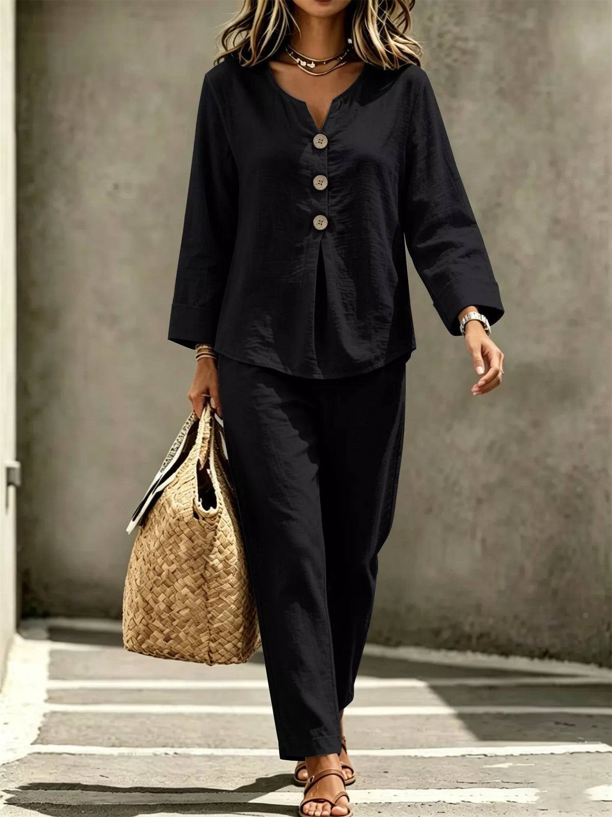 Button Detail Long Sleeve Top and Pants Set