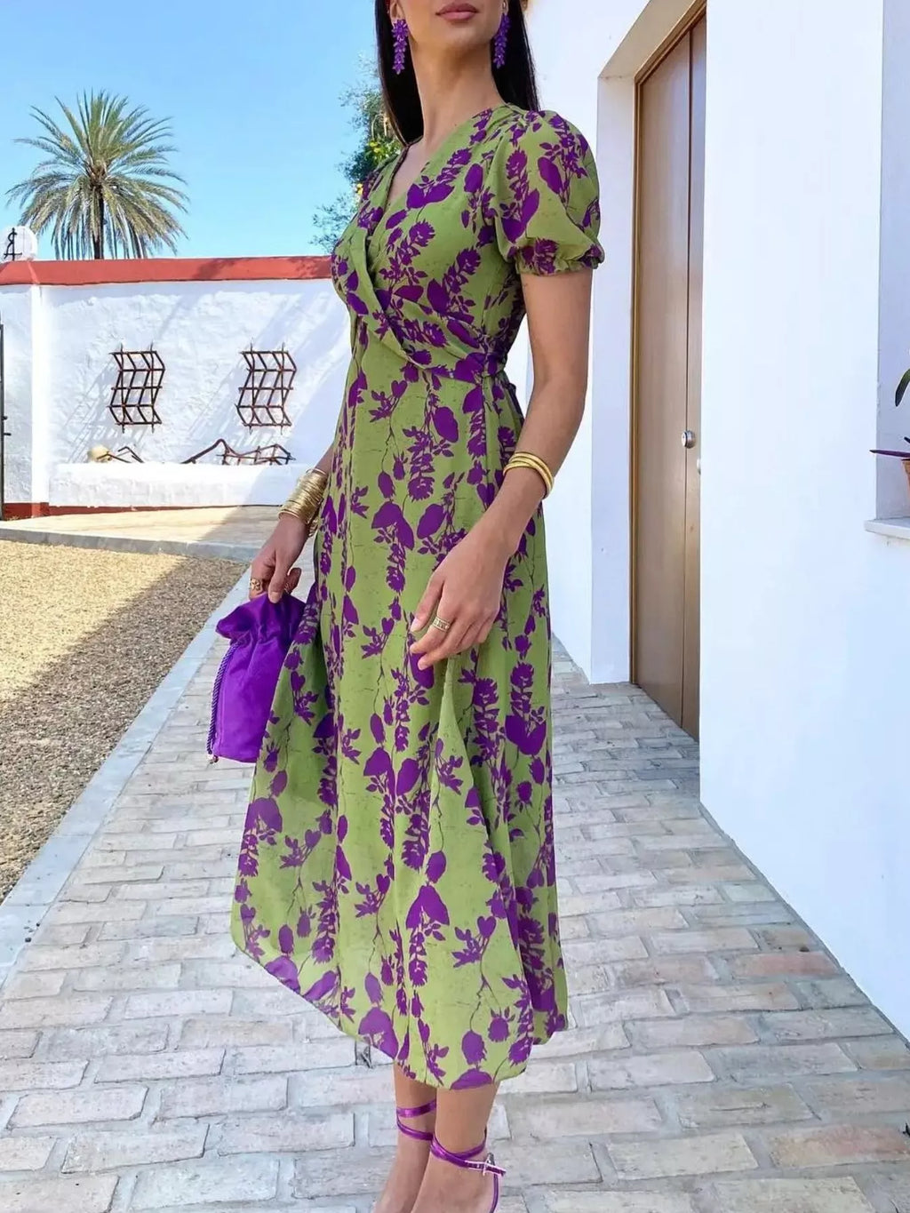 Full Size V-Neck Puff Sleeve Floral Print Dress Plus Size