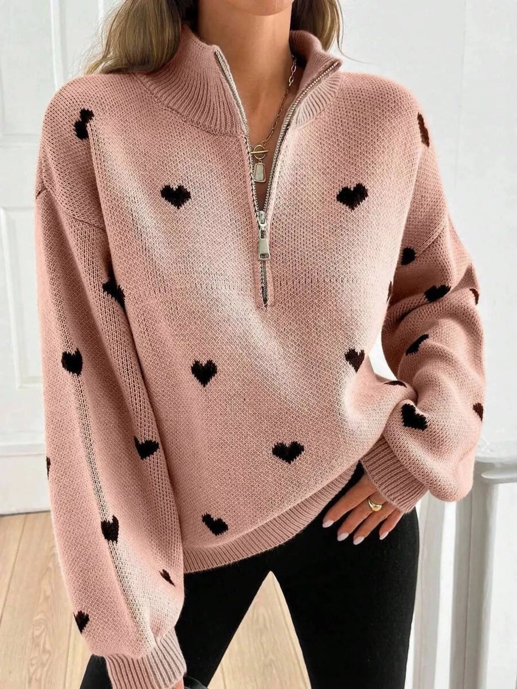 Full Size Heart Half-Zip Long Sleeve Sweater Plus Size