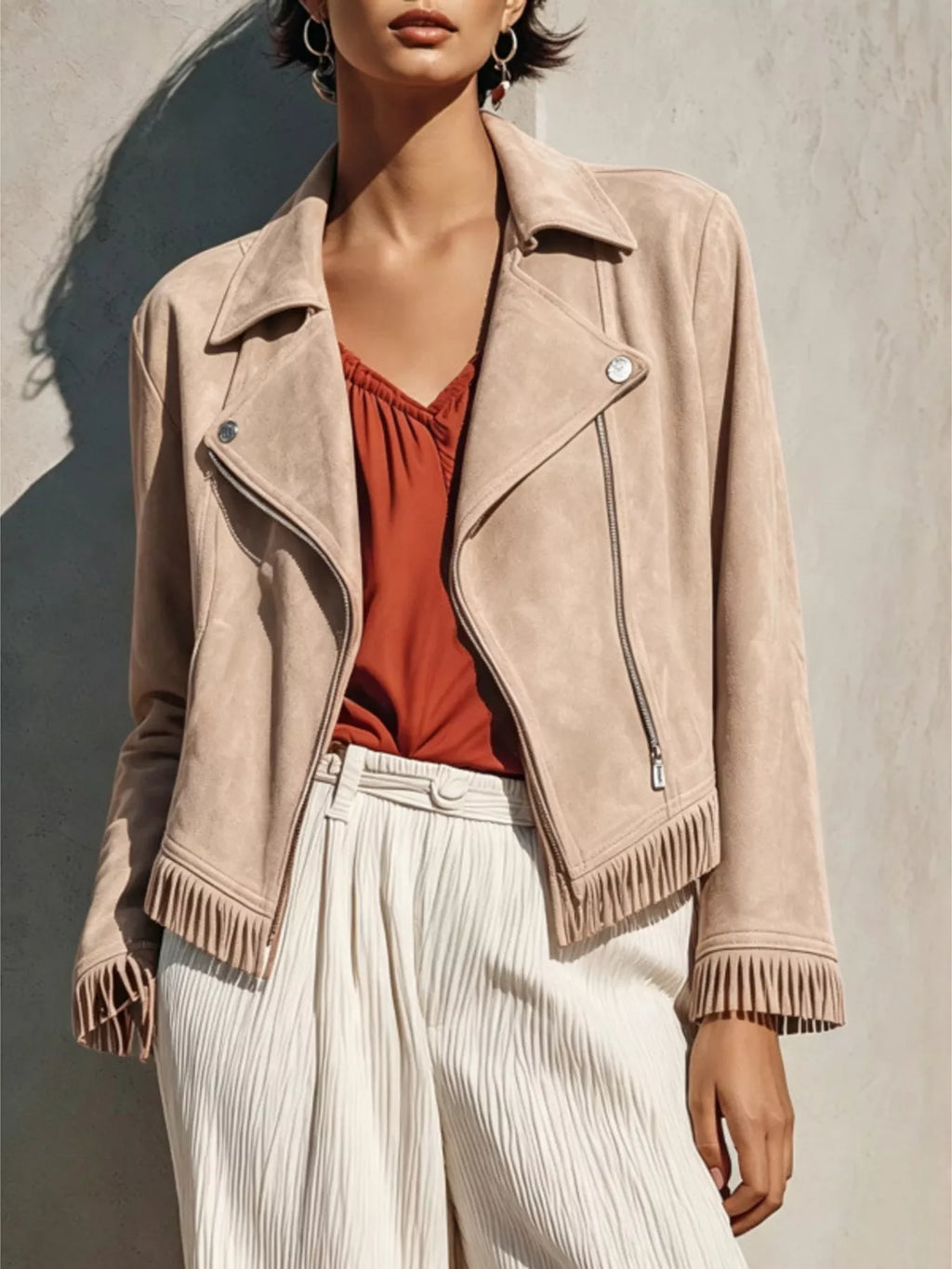 Faux Suede Fringe Moto Jacket