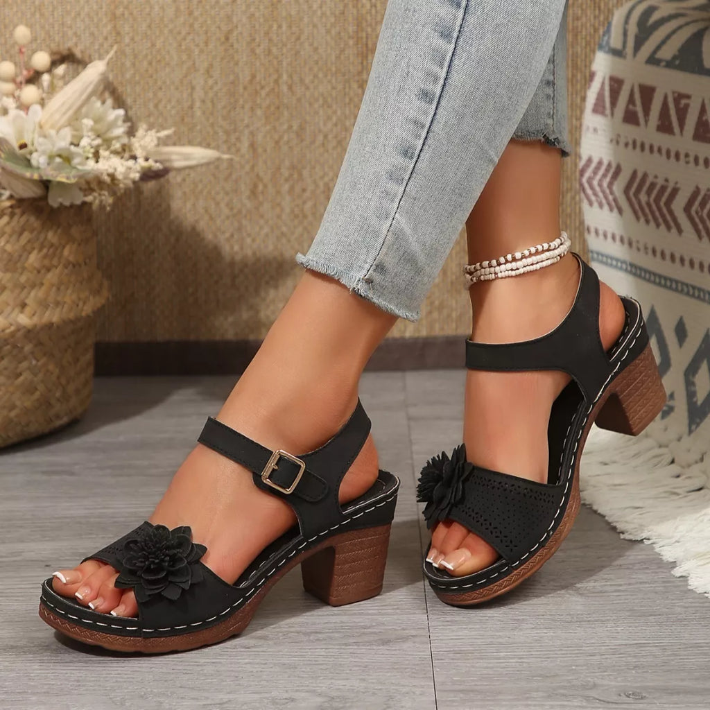 Floral Decor Buckle Ankle Strap Block Heel Sandals