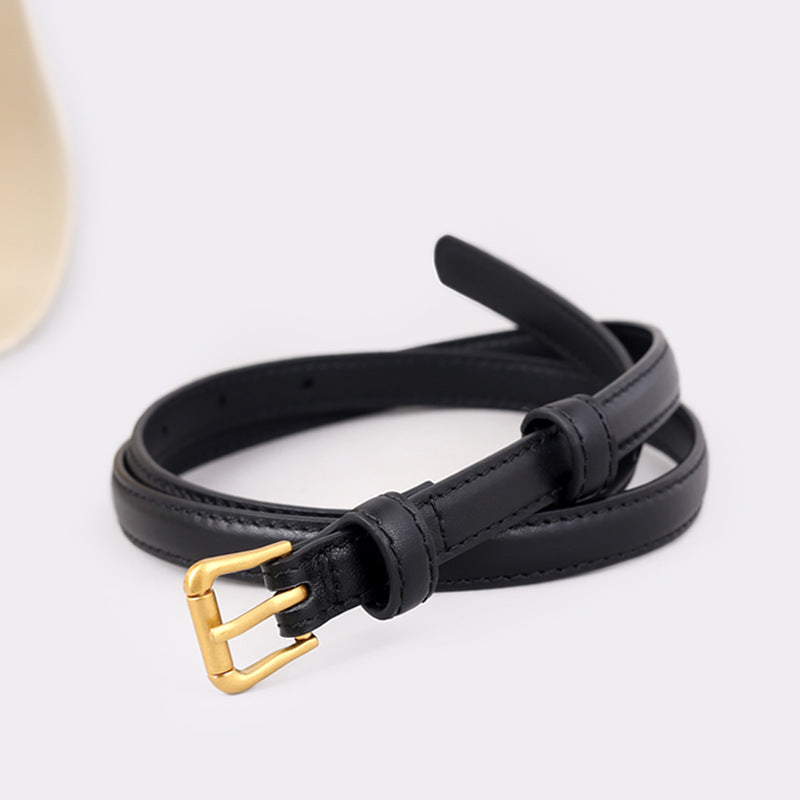 Skinny Leather Belt with Golden Buckle