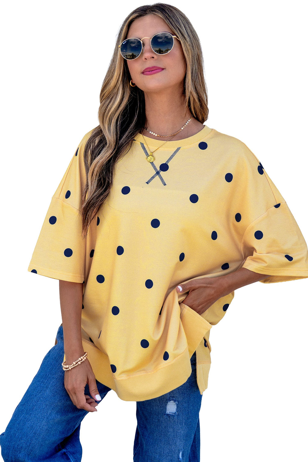 Sky Blue Polka Dot Print Crossed Seam Detail Oversize Tee