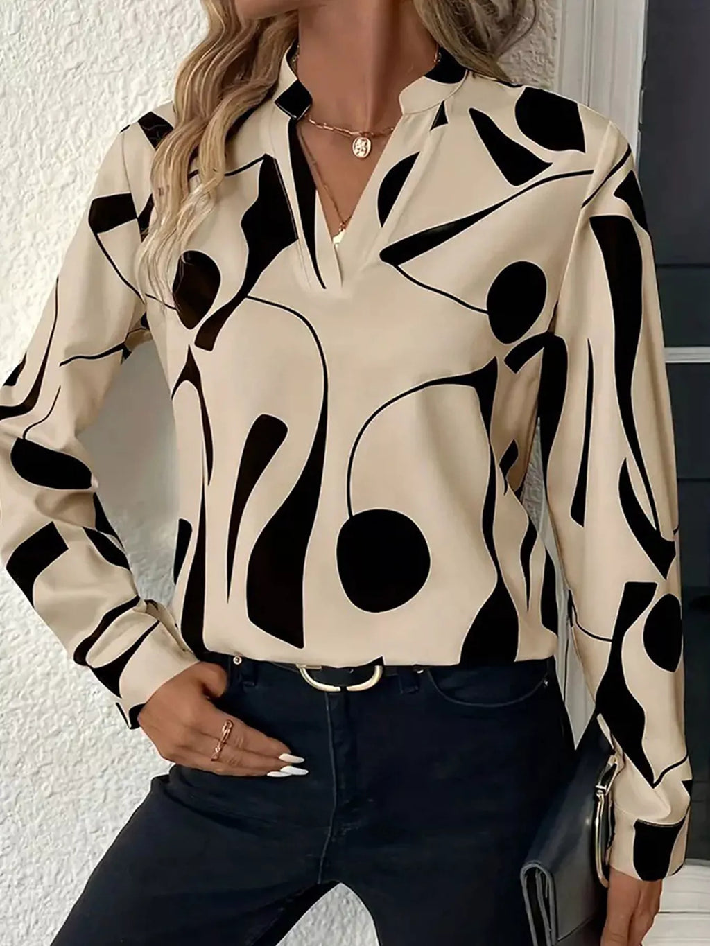 Abstract Print Notched Long Sleeve Blouse