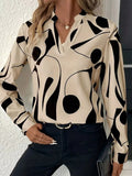 Abstract Print Notched Long Sleeve Blouse