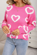 Rose Red Chenille Heart Print Valentines Day Sweater