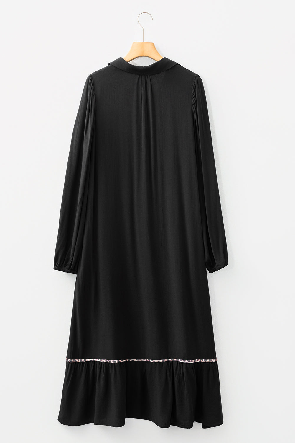 Black Collared V Neck Smocked Detail Contrast Leopard Trim Bracelet Sleeve Long Dress
