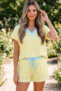 Yellow Stripe Colorblock Trim V Neck Tee Drawstring Elastic Waist Short Set