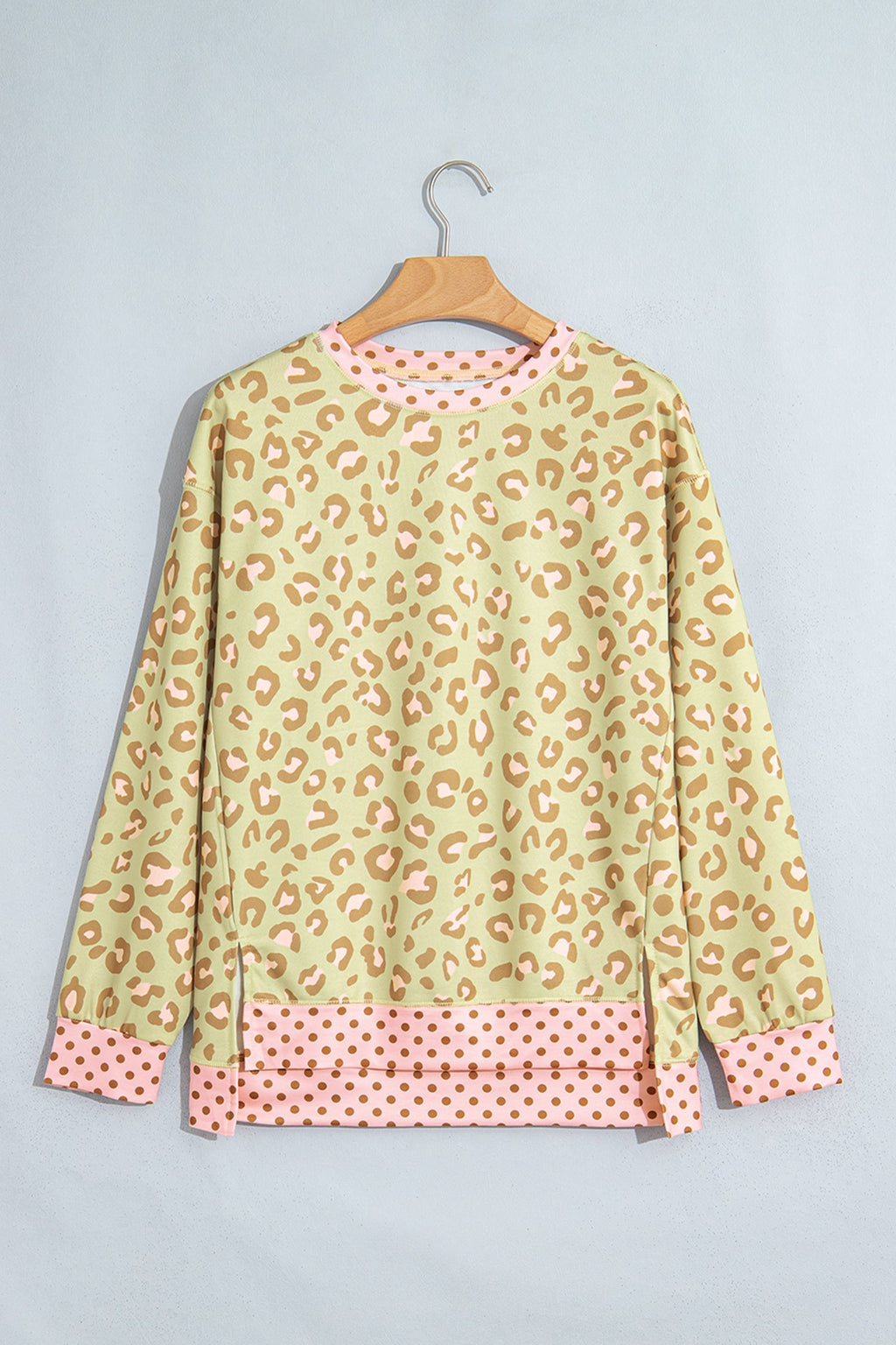 Pink Leopard Polka Dot Colorblock Trim Long Sleeve Top