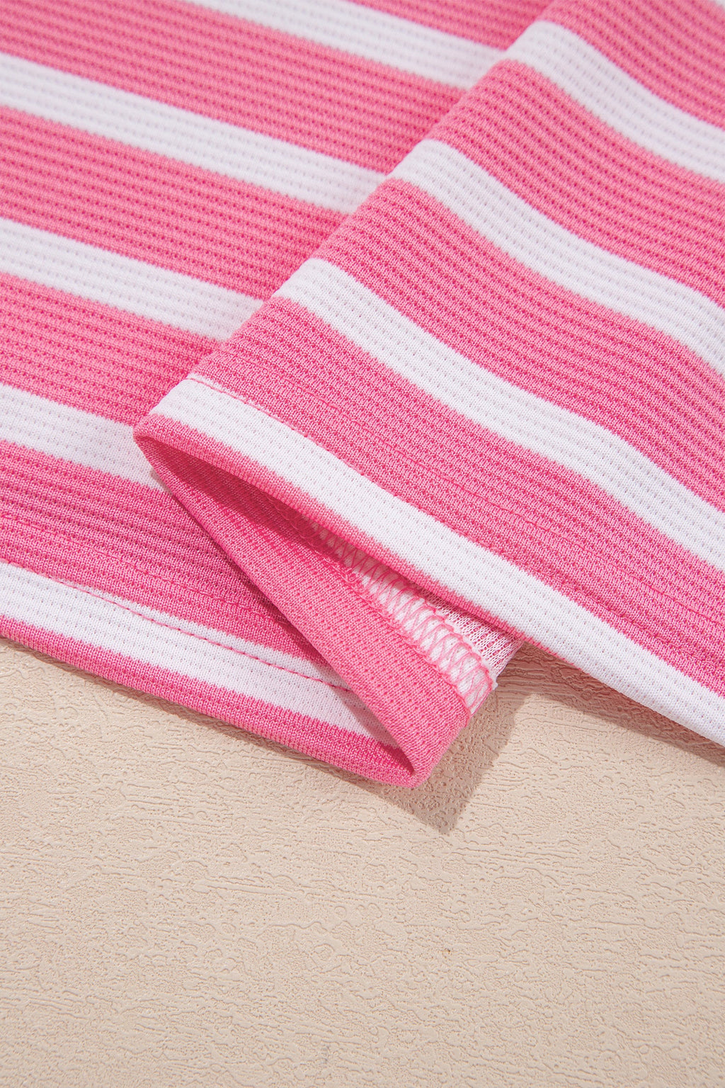 Pink Stripe Short Puff Sleeve Color Block Polo Collar Blouse