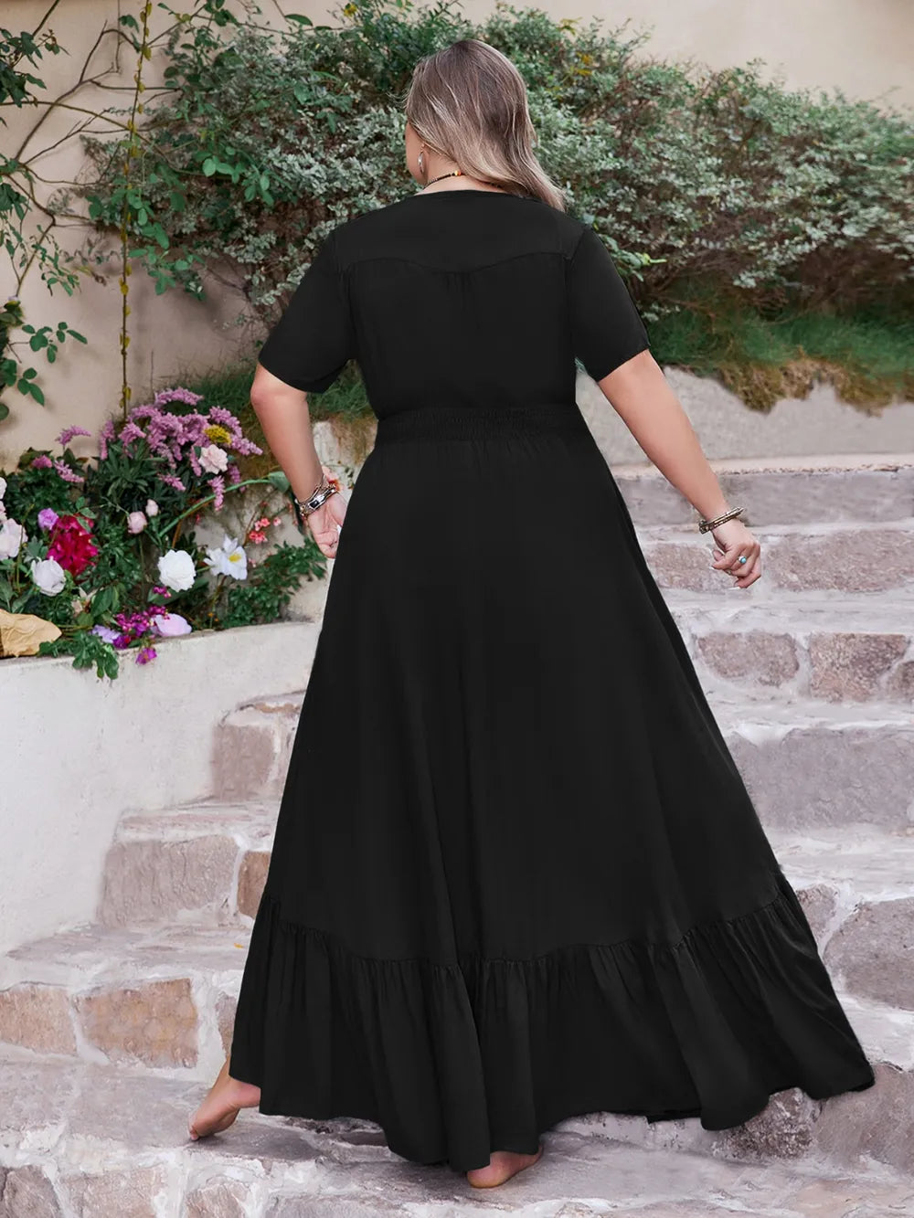 Ruffled Hem Button Down V-Neck Short Sleeve Maxi Dress