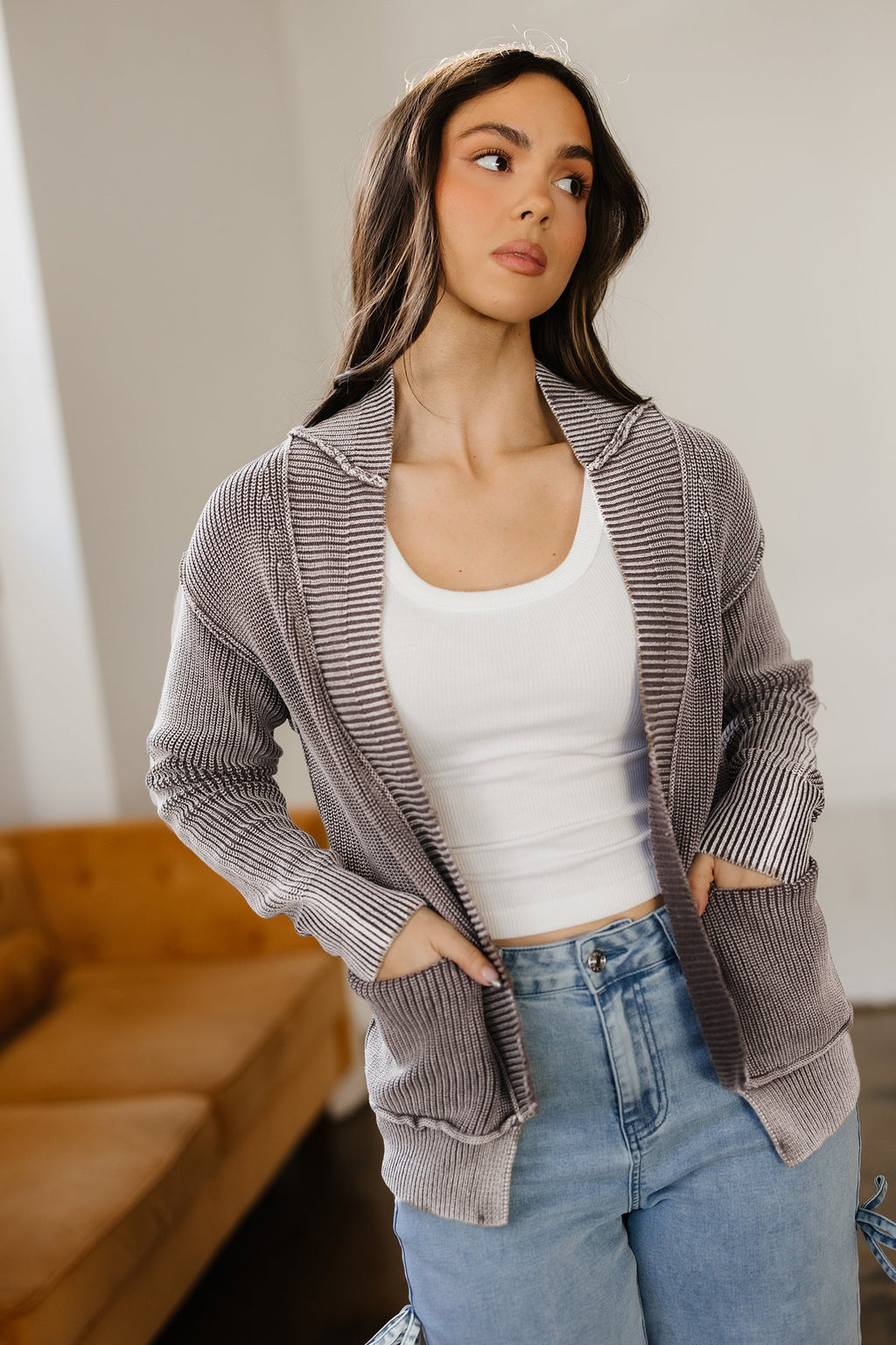 Dark Brown Mineral Wash Exposed Seam Patchwork Knit Open Sweater Cardigan