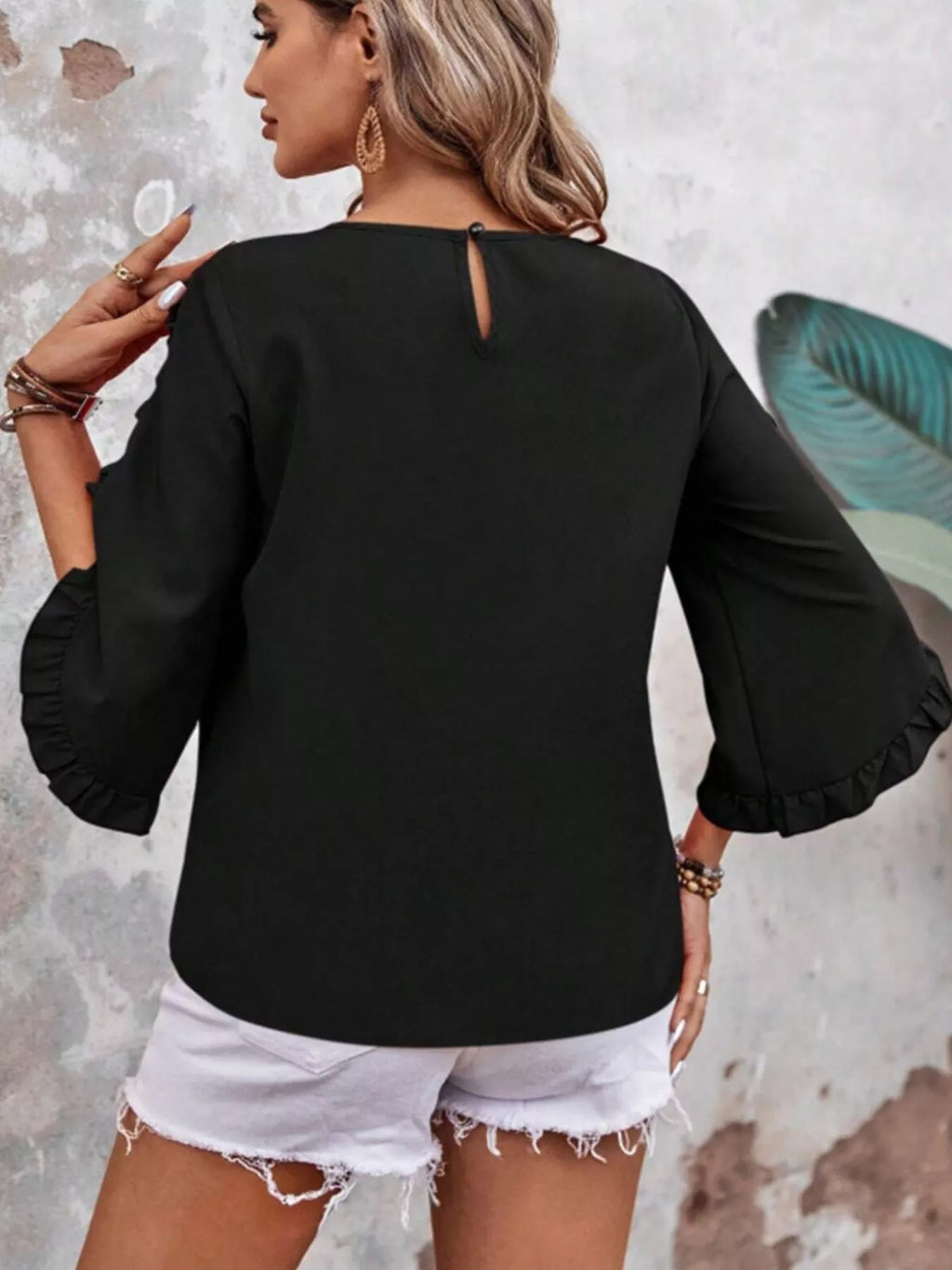 Ruffle Sleeve Solid Color Blouse