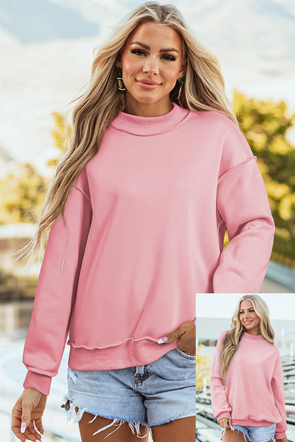 Light Pink Oversize Drop Shoulder Reversible Mock Neck Sweatshirt