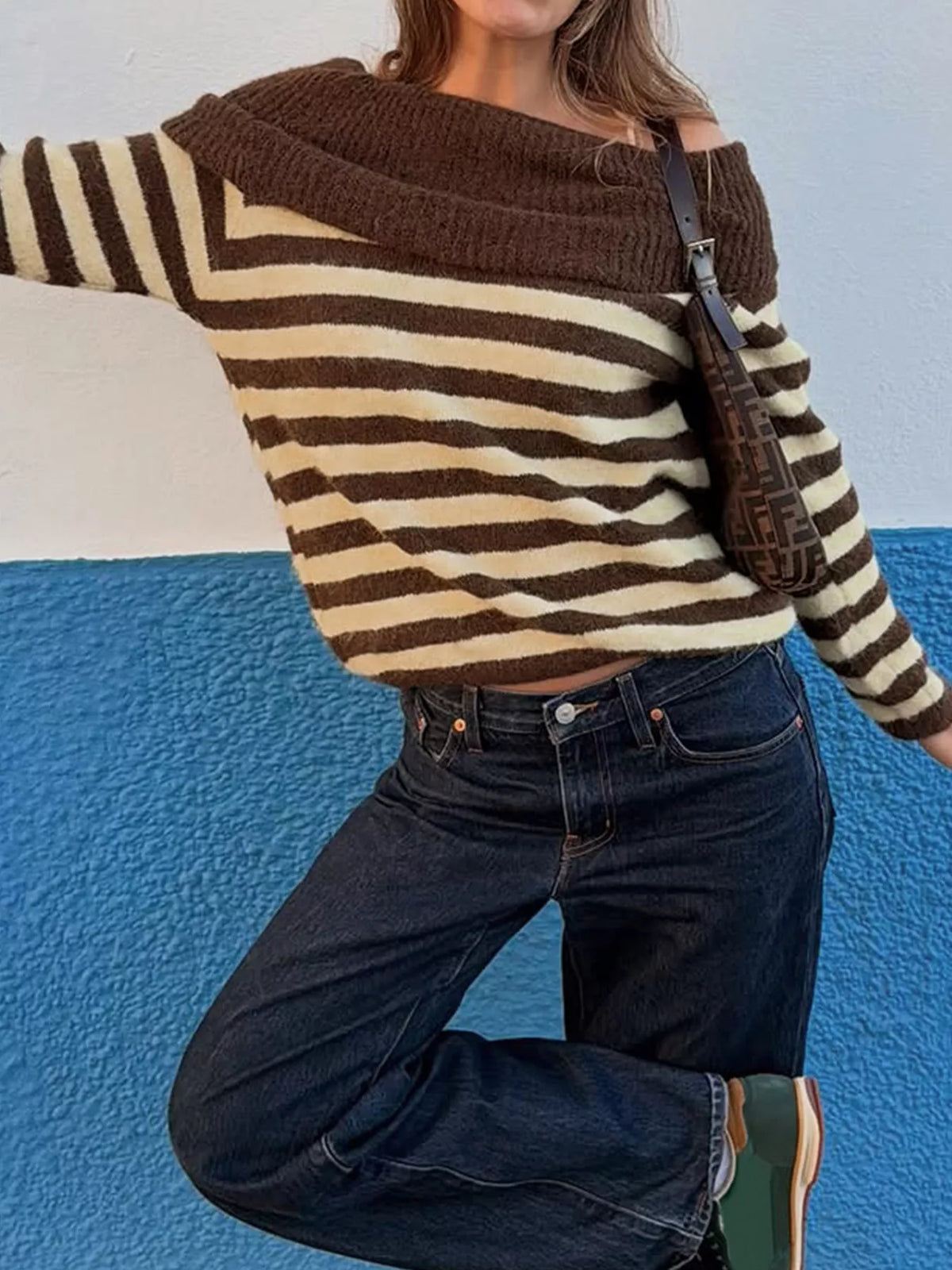 Off-Shoulder Striped Knit Top