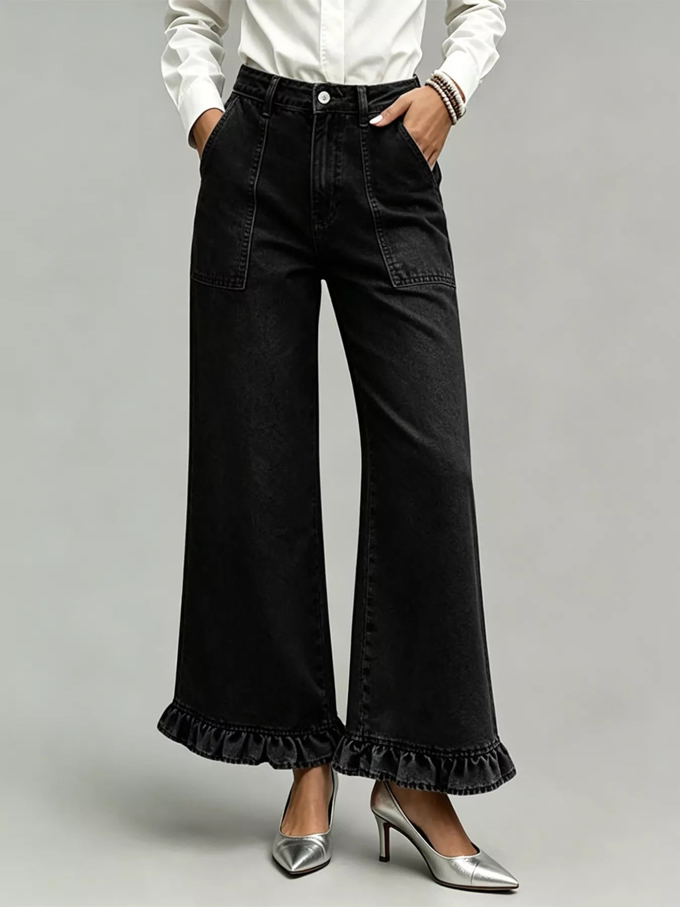 High-Waisted Wide-Leg Ruffle Hem Jeans