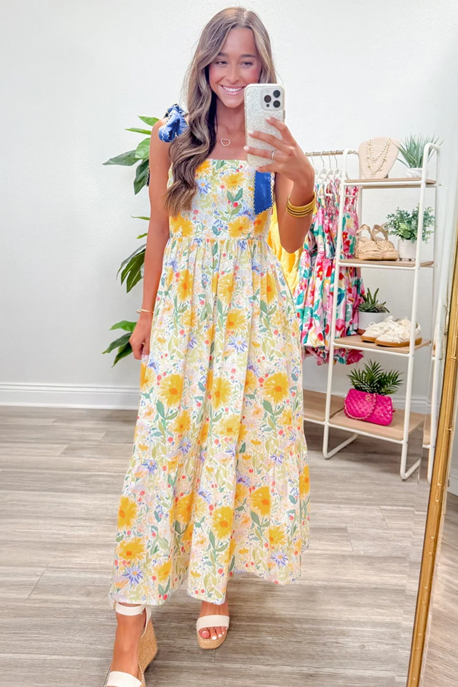 Yellow Floral Print Contrast Stitched Knot Denim Straps High Waist Dress