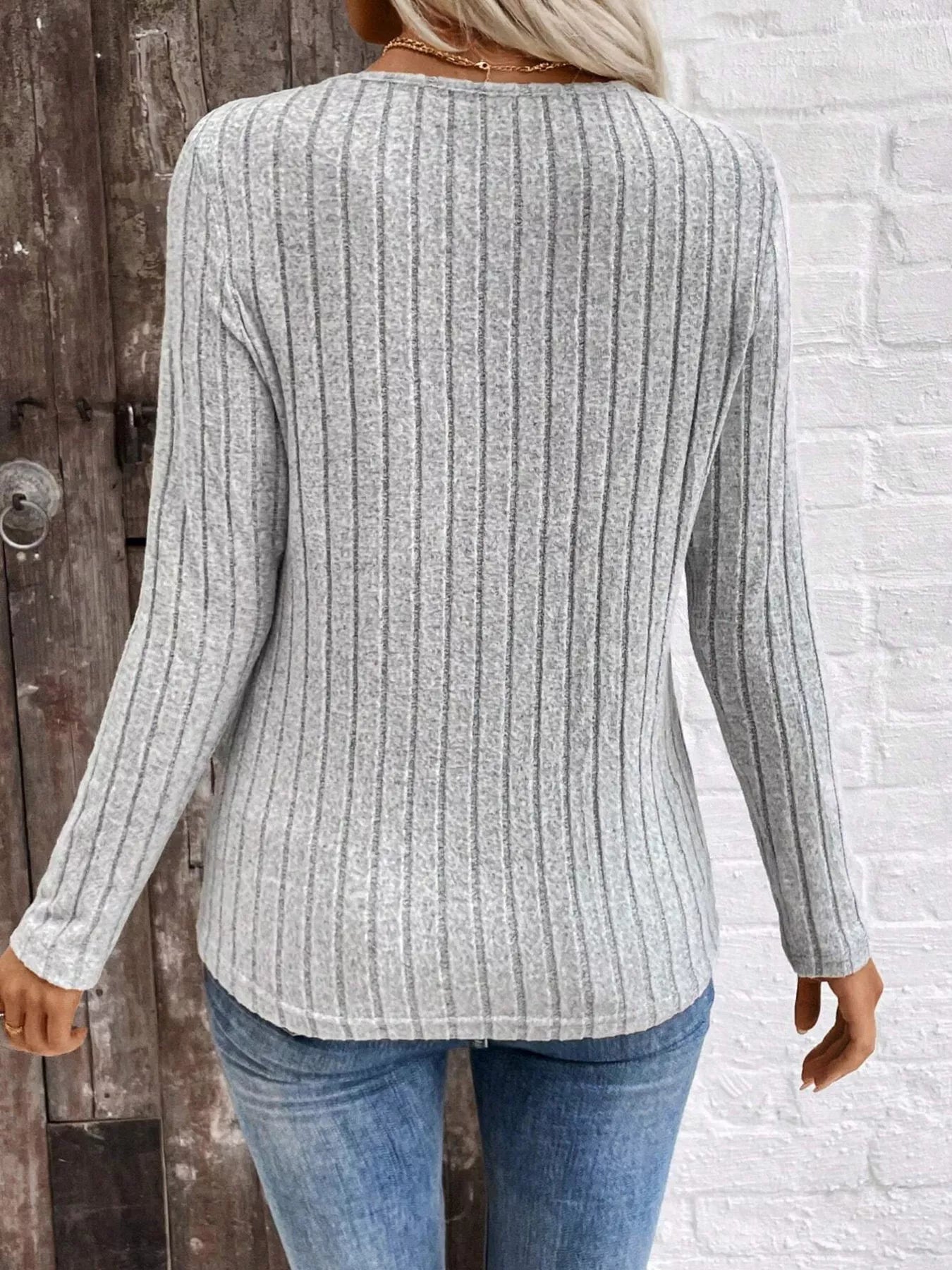 Ribbed V-Neck Long Sleeve T-Shirt